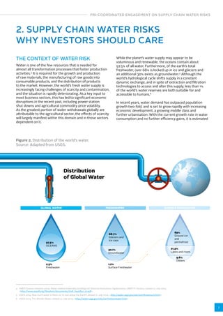 PRI-COORDINATED ENGAGEMENT ON SUPPLY CHAIN WATER RISKS 
7 
2. SUPPLY CHAIN WATER RISKS 
WHY INVESTORS SHOULD CARE 
THE CONTEXT OF WATER RISK 
Water is one of the few resources that is needed for 
almost all transformation processes that foster production 
activities.4 It is required for the growth and production 
of raw materials, the manufacturing of raw goods into 
consumable products, and the distribution of products 
to the market. However, the world’s fresh water supply is 
increasingly facing challenges of scarcity and contamination, 
and the situation is rapidly deteriorating. As a key input to 
most business sectors, this has led to significant economic 
disruptions in the recent past, including power station 
shut downs and agricultural commodity price volatility. 
As the greatest portion of water withdrawals globally are 
attributable to the agricultural sector, the effects of scarcity 
will largely manifest within this domain and in those sectors 
dependent on it. 
While the planet’s water supply may appear to be 
voluminous and renewable, the oceans contain about 
97.5% of all water. Furthermore, of the earth’s total 
freshwater, over 68% is locked up in ice and glaciers and 
an additional 30% exists as groundwater.5 Although the 
world’s hydrological cycle shifts supply in a constant 
dynamic exchange, and in spite of extraction and filtration 
technologies to access and alter this supply, less than 1% 
of the world’s water reserves are both suitable for and 
accessible to humans.6 
In recent years, water demand has outpaced population 
growth two-fold, and is set to grow rapidly with increasing 
economic development, a growing middle class and 
further urbanisation. With the current growth rate in water 
consumption and no further efficiency gains, it is estimated 
Figure 2. Distribution of the world’s water. 
Source: Adapted from USGS. 
GLOBAL WATER FRESHWATER SURFACE FRESHWATER 
97.5% 
OCEANS 
2.5% 
Freshwater 
Distribution 
of Global Water 
68.7% 
Glaciers and 
ice caps 
30.1% 
Groundwater 
1.2% 
Surface Freshwater 
69% 
Ground ice 
and 
permafrost 
21.4% 
Lakes and rivers 
9.6% 
Others 
4 UNEP Finance Initiative 2009, Water-related materiality briefings for financial institutions: Agribusiness, UNEP FI, Geneva, viewed 21 July 2014, 
<http://www.unepfi.org/fileadmin/documents/chief_liquidity1_01.pdf>. 
5 USGS 2014, How much water is there on, in, and above the Earth?, viewed 21 July 2014, <http://water.usgs.gov/edu/earthhowmuch.html>. 
6 USGS 2014, The World’s Water, viewed 21 July 2014, <http://water.usgs.gov/edu/earthwherewater.html>. 
 