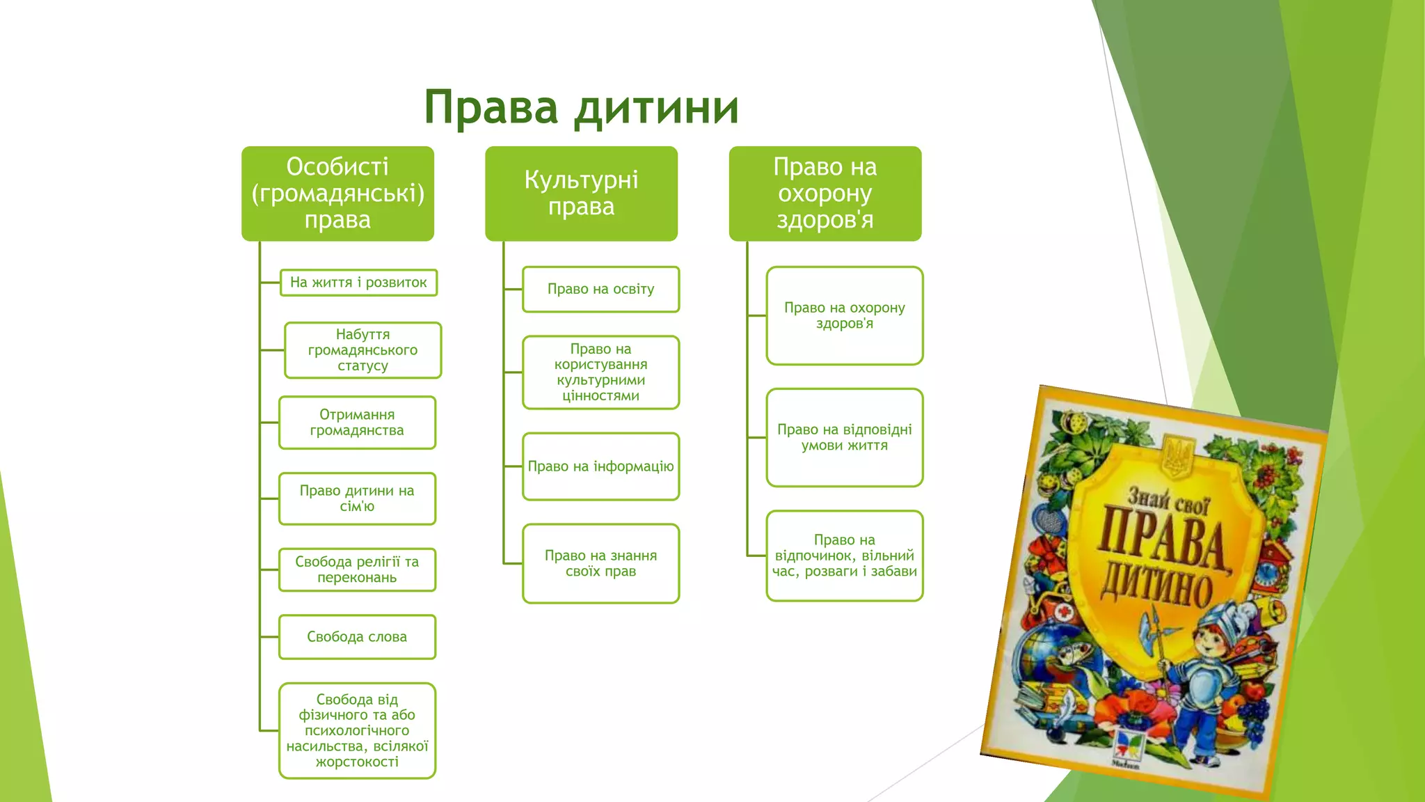 Права дитини 
Особисті 
(громадянські) 
права 
На життя і розвиток 
Набуття 
громадянського 
статусу 
Отримання 
громадянства 
Право дитини на 
сім'ю 
Свобода релігії та 
переконань 
Свобода слова 
Свобода від 
фізичного та або 
психологічного 
насильства, всілякої 
жорстокості 
Культурні 
права 
Право на освіту 
Право на 
користування 
культурними 
цінностями 
Право на інформацію 
Право на знання 
своїх прав 
Право на 
охорону 
здоров'я 
Право на охорону 
здоров'я 
Право на відповідні 
умови життя 
Право на 
відпочинок, вільний 
час, розваги і забави 
 