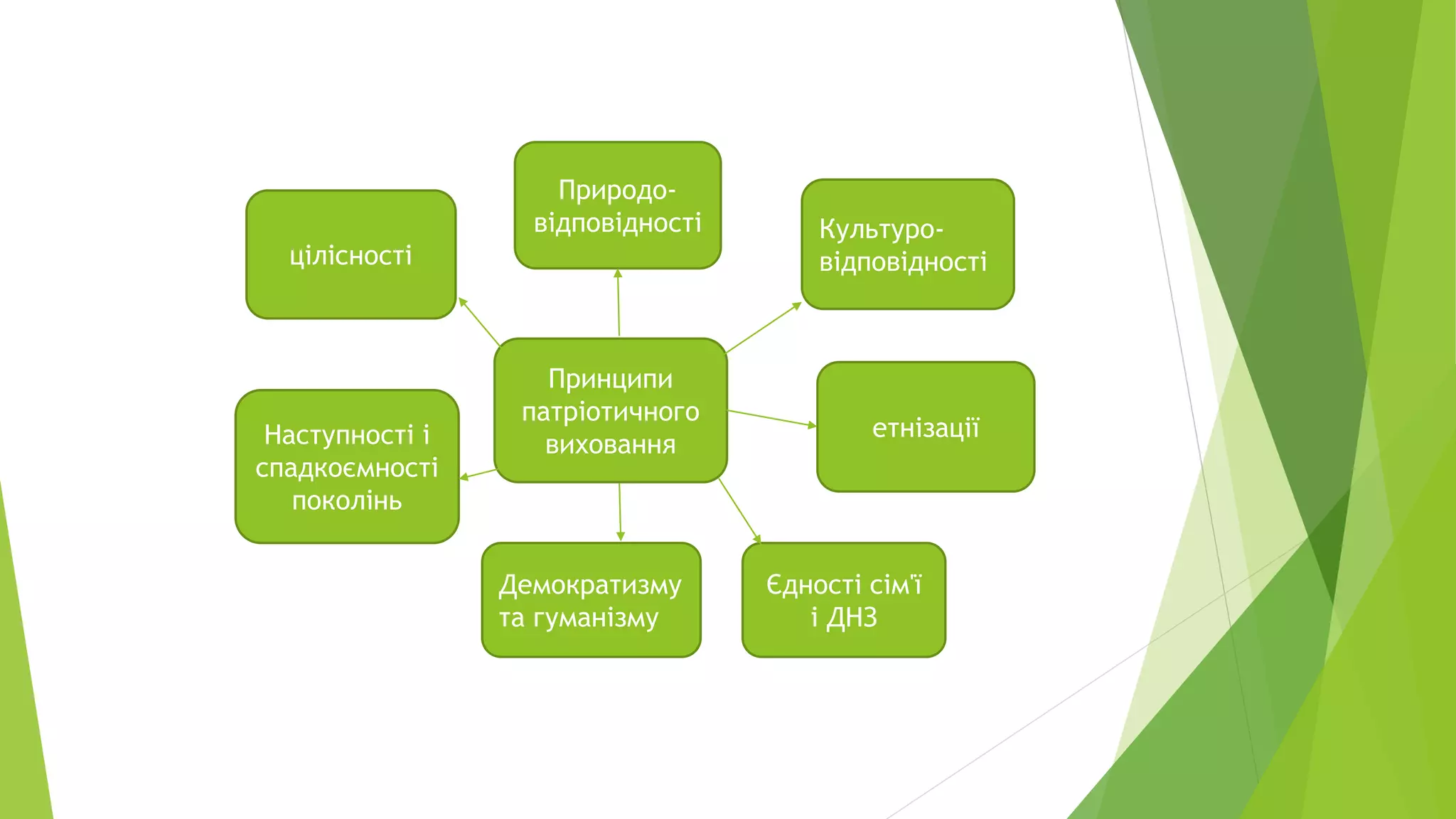 Природо- 
відповідності Культуро- 
Принципи 
патріотичного 
виховання 
відповідності 
етнізації 
Єдності сім'ї 
і ДНЗ 
Демократизму 
та гуманізму 
цілісності 
Наступності і 
спадкоємності 
поколінь 
 