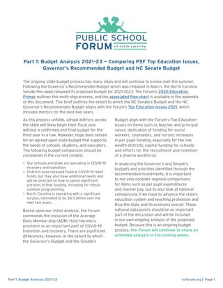 ncforum.org | Page 1
Part 1: Budget Analysis 2021-23
Part 1: Budget Analysis 2021-23 — Comparing PSF Top Education Issues,...
