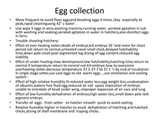 Egg collection
• More frequent to avoid floor eggsand breaking eggs 4 times /day especially at
peak,rapid cleaningusing 42° c water .
• Use wipe 5 eggs in wire,washing machine,running water ,aerated agitation in tub
with washing and soaking,aerated agitation in water in hatchery,also disinfect eggs
in farm.
• Trouble shooting hatchery:
• Effect of over heating setter:death of embryo,kill embryo 39 °and more for short
period not return to normal,unhealed navel small chick,delayed hatchability
time,down pale small poor pigmented leg,drying of egg content,reduced egg
viability.
• Effect of under heating:slow development,low hatchability,hatching time,return to
normal if temperature return to normal not kill embryo.how to overcome
overheating setter:decrease temperature 37.5-37.7 to 37.1 °c by end of incubation
in single stage setter,use cool eggs to old warm eggs , ,use ventilation and cooling
system .
• Effect of high relative humidity %:reduced water loss,egg weight loss,unabsorption
of albumin,watery free fluid egg,reduced air cell space mlposition of embryo
unable to orientate of head under wing,,improper expansion of air sacs and lung.
• Effect of low humidity:dehydration of embryo,high water loss,small down pale lack
pigment embryo.
• Transfer of eggs :from setter to hatcher smooth quick to avoid cooling.
• Relative humidity higher in hatcher to avoid dehydration of hatching and hatched
chicks,drying of shell membrane and traping chicks.
 