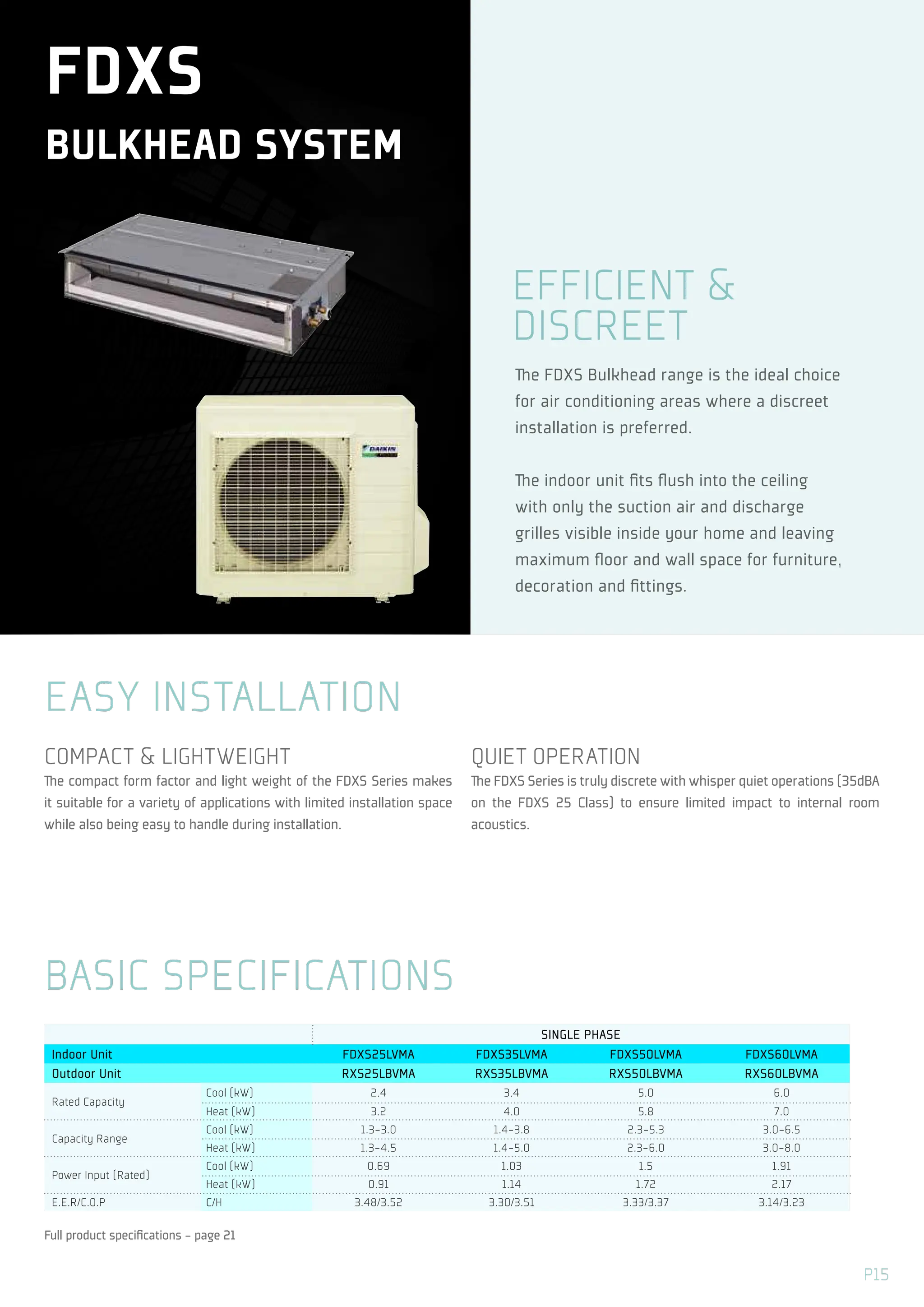 EFFICIENT &
DISCREET
The FDXS Bulkhead range is the ideal choice
for air conditioning areas where a discreet
installation is preferred.
The indoor unit fits flush into the ceiling
with only the suction air and discharge
grilles visible inside your home and leaving
maximum floor and wall space for furniture,
decoration and fittings.
COMPACT & LIGHTWEIGHT
The compact form factor and light weight of the FDXS Series makes
it suitable for a variety of applications with limited installation space
while also being easy to handle during installation.
EASY INSTALLATION
BASIC SPECIFICATIONS
FDXS
BULKHEAD SYSTEM
QUIET OPERATION
The FDXS Series is truly discrete with whisper quiet operations (35dBA
on the FDXS 25 Class) to ensure limited impact to internal room
acoustics.
SINGLE PHASE
Indoor Unit FDXS25LVMA FDXS35LVMA FDXS50LVMA FDXS60LVMA
Outdoor Unit RXS25LBVMA RXS35LBVMA RXS50LBVMA RXS60LBVMA
Rated Capacity
Cool (kW) 2.4 3.4 5.0 6.0
Heat (kW) 3.2 4.0 5.8 7.0
Capacity Range
Cool (kW) 1.3-3.0 1.4-3.8 2.3-5.3 3.0-6.5
Heat (kW) 1.3-4.5 1.4-5.0 2.3-6.0 3.0-8.0
Power Input (Rated)
Cool (kW) 0.69 1.03 1.5 1.91
Heat (kW) 0.91 1.14 1.72 2.17
E.E.R/C.O.P C/H 3.48/3.52 3.30/3.51 3.33/3.37 3.14/3.23
Full product specifications - page 21
P15
 
