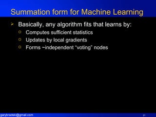 Summation form for Machine Learning Basically, any algorithm fits that learns by: Computes sufficient statistics Updates by local gradients Forms ~independent “voting” nodes 