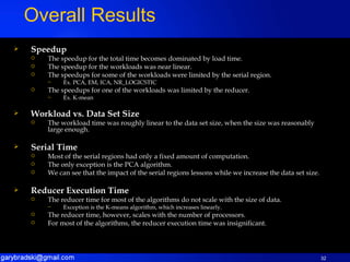 Speedup The speedup for the total time becomes dominated by load time. The speedup for the workloads was near linear. The speedups for some of the workloads were limited by the serial region. Ex. PCA, EM, ICA, NR_LOGICSTIC The speedups for one of the workloads was limited by the reducer. Ex. K-mean Workload vs. Data Set Size The workload time was roughly linear to the data set size, when the size was reasonably large enough. Serial Time Most of the serial regions had only a fixed amount of computation. The only exception is the PCA algorithm. We can see that the impact of the serial regions lessons while we increase the data set size. Reducer Execution Time The reducer time for most of the algorithms do not scale with the size of data. Exception is the K-means algorithm, which increases linearly. The reducer time, however, scales with the number of processors. For most of the algorithms, the reducer execution time was insignificant. Overall Results 