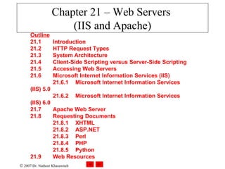 Chapter 21 – Web Servers  (IIS and Apache) Outline 21.1  Introduction 21.2  HTTP Request Types 21.3  System Architecture 21.4  Client-Side Scripting versus Server-Side Scripting 21.5  Accessing Web Servers 21.6  Microsoft Internet Information Services (IIS) 21.6.1  Microsoft Internet Information Services  (IIS) 5.0 21.6.2  Microsoft Internet Information Services  (IIS) 6.0 21.7  Apache Web Server 21.8  Requesting Documents 21.8.1  XHTML 21.8.2  ASP.NET 21.8.3  Perl 21.8.4  PHP 21.8.5  Python 21.9  Web Resources 