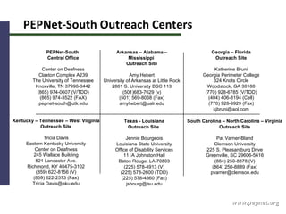 www.pepnet.org PEPNet-South  Central Office Center on Deafness Claxton Complex A239 The University of Tennessee Knoxville, TN 37996-3442 (865) 974-0607 (V/TDD) (865) 974-3522 (FAX) [email_address] Texas - Louisiana Outreach Site  Jennie Bourgeois Louisiana State University Office of Disability Services 111A Johnston Hall Baton Rouge, LA 70803 (225) 578-4913 (V) (225) 578-2600 (TDD) (225) 578-4560 (Fax) [email_address] Arkansas – Alabama – Mississippi  Outreach Site Amy Hebert University of Arkansas at Little Rock 2801 S. University DSC 113 (501)683-7629 (v) (501) 569-8068 (Fax) [email_address] Georgia – Florida Outreach Site Katherine Bruni Georgia Perimeter College 324 Knots Circle Woodstock, GA 30188 (770) 928-6785 (V/TDD) (404) 406-8194 (Cell) (770) 928-9929 (Fax) [email_address] Kentucky – Tennessee – West Virginia Outreach Site Tricia Davis Eastern Kentucky University Center on Deafness 245 Wallace Building 521 Lancaster Ave. Richmond, KY 40475-3102 (859) 622-8156 (V) (859) 622-2573 (Fax) [email_address] South Carolina – North Carolina – Virginia Outreach Site Pat Varner-Bland Clemson University 225 S. Pleasantburg Drive Greenville, SC 29606-5616 (864) 250-8878 (V) (864) 250-8889 (Fax) [email_address] PEPNet-South Outreach Centers 