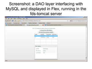 Screenshot: a DAO layer interfacing with MySQL and displayed in Flex, running in the fds-tomcat server 