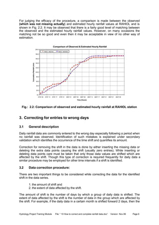 Hydrology Project Training Module File: “ 10 How to correct and complete rainfall data.doc” Version Nov.99 Page 6
For judging the efficacy of the procedure, a comparison is made between the observed
(which was not missing actually) and estimated hourly rainfall values at RAHIOL and is
shown in Fig. 2.2. It may be observed that there is a fairly good level of matching between
the observed and the estimated hourly rainfall values. However, on many occasions the
matching not be so good and even then it may be acceptable in view of no other way of
estimation.
Fig.: 2.2: Comparison of observed and estimated hourly rainfall at RAHIOL station
3. Correcting for entries to wrong days
3.1 General description
Daily rainfall data are commonly entered to the wrong day especially following a period when
no rainfall was observed. Identification of such mistakes is explained under secondary
validation which identifies the occurrence of the time shift and quantifies its amount.
Correction for removing the shift in the data is done by either inserting the missing data or
deleting the extra data points causing the shift (usually zero entries). While inserting or
deleting data points care must be taken that only those data values are shifted which are
affected by the shift. Though this type of correction is required frequently for daily data a
similar procedure may be employed for other time intervals if a shift is identified.
3.2 Data correction procedure:
There are two important things to be considered while correcting the data for the identified
shift in the data series.
1. the amount of shift and
2. the extent of data affected by the shift.
The amount of shift is the number of days by which a group of daily data is shifted. The
extent of data affected by the shift is the number of data in the group which are affected by
the shift. For example, if the daily data in a certain month is shifted forward 2 days, then the
Comparison of Observed & Estimated Hourly Rainfall
0.0
20.0
40.0
60.0
80.0
100.0
120.0
140.0
160.0
180.0
200.0
27/07 09 27/07 13 27/07 17 27/07 21 28/07 01 28/07 05 28/07 09 28/07 13 28/07 17 28/07 21 29/07 01 29/07 05
Time (Hours)
CumulativeRainfall(mm)
Rahiol - Observed Rahiol - Estimated
 