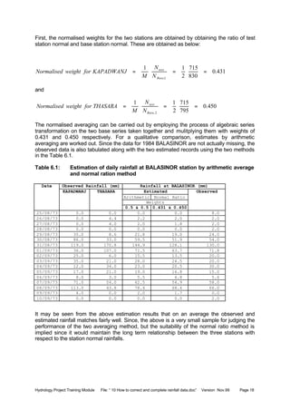 Hydrology Project Training Module File: “ 10 How to correct and complete rainfall data.doc” Version Nov.99 Page 18
First, the normalised weights for the two stations are obtained by obtaining the ratio of test
station normal and base station normal. These are obtained as below:
and
The normalised averaging can be carried out by employing the process of algebraic series
transformation on the two base series taken together and mulitplying them with weights of
0.431 and 0.450 respectively. For a qualitative comparison, estimates by arithmetic
averaging are worked out. Since the data for 1984 BALASINOR are not actually missing, the
observed data is also tabulated along with the two estimated records using the two methods
in the Table 6.1.
Table 6.1: Estimation of daily rainfall at BALASINOR station by arithmetic average
and normal ration method
Observed Rainfall (mm) Rainfall at BALASINOR (mm)
Estimated
Arithmetic Normal Ratio
Weights
Date
KAPADWANJ THASARA
0.5 & 0.5 0.431 & 0.450
Observed
25/08/73 0.0 0.0 0.0 0.0 8.0
26/08/73 0.0 4.4 2.2 2.0 2.0
27/08/73 0.0 4.0 2.0 1.8 2.0
28/08/73 0.0 0.0 0.0 0.0 2.0
29/08/73 35.0 8.6 21.8 19.0 24.0
30/08/73 86.0 33.0 59.5 51.9 54.0
31/08/73 119.0 170.8 144.9 128.1 130.0
01/09/73 36.0 107.0 71.5 63.7 71.8
02/09/73 25.0 6.0 15.5 13.5 20.0
03/09/73 35.0 21.0 28.0 24.5 20.0
04/09/73 12.0 34.0 23.0 20.5 30.0
05/09/73 17.0 21.0 19.0 16.8 15.0
06/09/73 8.0 3.0 5.5 4.8 5.6
07/09/73 71.0 54.0 62.5 54.9 58.0
08/09/73 113.0 43.8 78.4 68.4 66.0
09/09/73 4.0 0.0 2.0 1.7 0.0
10/09/73 0.0 0.0 0.0 0.0 2.0
It may be seen from the above estimation results that on an average the observed and
estimated rainfall matches fairly well. Since, the above is a very small sample for judging the
performance of the two averaging method, but the suitability of the normal ratio method is
implied since it would maintain the long term relationship between the three stations with
respect to the station normal rainfalls.
431.0
830
715
2
11
1,
===
Base
test
N
N
M
KAPADWANJforweightNormalised
450.0
795
715
2
11
2,
===
Base
test
N
N
M
THASARAforweightNormalised
 