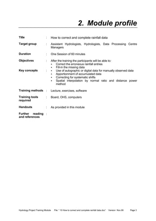 Hydrology Project Training Module File: “ 10 How to correct and complete rainfall data.doc” Version Nov.99 Page 3
2. Module profile
Title : How to correct and complete rainfall data
Target group : Assistant Hydrologists, Hydrologists, Data Processing Centre
Managers
Duration : One Session of 60 minutes
Objectives : After the training the participants will be able to:
• Correct the erroneous rainfall entries
• Fill-in the missing data
Key concepts : • Use of autographic or digital data for manually observed data
• Apportionment of accumulated data
• Correcting for systematic shifts
• Spatial interpolation by normal ratio and distance power
method
Training methods : Lecture, exercises, software
Training tools
required
: Board, OHS, computers
Handouts : As provided in this module
Further reading
and references
:
 