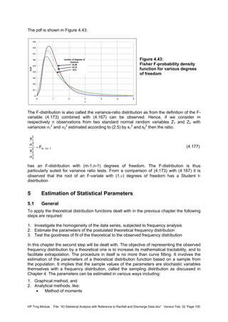 HP Trng Module File: “43 Statistical Analysis with Reference to Rainfall and Discharge Data.doc” Version Feb. 02 Page 100
The pdf is shown in Figure 4.43:
Figure 4.43:
Fisher F-probability density
function for various degrees
of freedom
The F-distribution is also called the variance-ratio distribution as from the definition of the F-
variable (4.173) combined with (4.167) can be observed. Hence, if we consider m
respectively n observations from two standard normal random variables Z1 and Z2 with
variances σ1
2
and σ2
2
estimated according to (2.5) by s1
2
and s2
2
then the ratio:
(4.177)
has an F-distribution with (m-1,n-1) degrees of freedom. The F-distribution is thus
particularly suited for variance ratio tests. From a comparison of (4.173) with (4.167) it is
observed that the root of an F-variate with (1,ν) degrees of freedom has a Student t-
distribution
5 Estimation of Statistical Parameters
5.1 General
To apply the theoretical distribution functions dealt with in the previous chapter the following
steps are required:
1. Investigate the homogeneity of the data series, subjected to frequency analysis
2. Estimate the parameters of the postulated theoretical frequency distribution
3. Test the goodness of fit of the theoretical to the observed frequency distribution
In this chapter the second step will be dealt with. The objective of representing the observed
frequency distribution by a theoretical one is to increase its mathematical tractability, and to
facilitate extrapolation. The procedure in itself is no more than curve fitting. It involves the
estimation of the parameters of a theoretical distribution function based on a sample from
the population. It implies that the sample values of the parameters are stochastic variables
themselves with a frequency distribution, called the sampling distribution as discussed in
Chapter 4. The parameters can be estimated in various ways including:
1. Graphical method, and
2. Analytical methods, like:
• Method of moments
0
0.1
0.2
0.3
0.4
0.5
0.6
0.7
0.8
0.9
0 1 2 3 4 5 6
f
hF(f)
number of degrees of
freedom
10,20
10,10
10,5
1n,1m
2
2
2
2
2
1
2
1
F
s
s
−−=
σ
σ
 