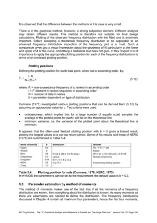 HP Trng Module File: “43 Statistical Analysis with Reference to Rainfall and Discharge Data.doc” Version Feb. 02 Page 106
It is observed that the difference between the methods in this case is very small.
There is in the graphical method, however, a strong subjective element. Different analysts
may obtain different results. This method is therefore not suitable for final design
calculations. Plotting of the observed frequency distribution with the fitted one is extremely
important. Before accepting a theoretical frequency distribution to be applicable to an
observed frequency distribution inspection of the frequency plot is a must. Such a
comparison gives you a visual impression about the goodness of fit particularly at the lower
and upper end of the curve, something a statistical test does not give. In this respect it is of
importance to apply the appropriate plotting position for each of the frequency distributions to
arrive at an unbiased plotting position.
Plotting positions
Defining the plotting position for each data point, when put in ascending order, by:
(5.12)
where: Fi = non-exceedance frequency of xi ranked in ascending order
i = ith
element in ranked sequence in ascending order
N = number of data in series
b = parameter dependent on type of distribution
Cunnane (1978) investigated various plotting positions that can be derived from (5.12) by
assuming an appropriate value for b. Two criteria were used:
• unbiasedness, which implies that for a large number of equally sized samples the
average of the plotted points for each i will fall on the theoretical line
• minimum variance, i.e. the variance of the plotted point about the theoretical line is
minimum.
It appears that the often-used Weibull plotting position with b = 0 gives a biased result,
plotting the largest values at a too low return period. Some of his results and those of NERC
(1975) are summarised in Table 5.4.
Name of formula b distribution remarks
Hazen
Weibull
Blom
Chegodayev
Gringorten
NERC
Tukey
0.5
0
3/8
0.3
0.44
2/5
1/3
-
-
N, LN-2, LN-3, G-2 for large γ
various
EV-1, E-1, E-2, G-2
G-2, P-3
-
For i = N: T = 2N
biased
LP-3: for γ1>0 b>3/8 and γ1<0 b<3/8
Overall compromise
Compromise plotting position
Table 5.4: Plotting position formula (Cunnane, 1978; NERC, 1975)
In HYMOS the parameter b can be set to the requirement; the default value is b = 0.3.
5.3 Parameter estimation by method of moments
The method of moments makes use of the fact that if all the moments of a frequency
distribution are known, then everything about the distribution is known. As many moments as
there are parameters are needed to define the distribution. The frequency distributions
discussed in Chapter 4 contain at maximum four parameters, hence the first four moments,
1b2N
bi
Fi
+−
−
=
 