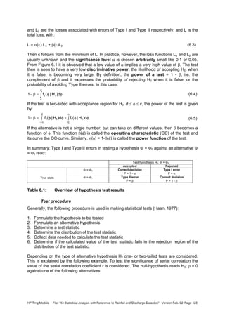 HP Trng Module File: “43 Statistical Analysis with Reference to Rainfall and Discharge Data.doc” Version Feb. 02 Page 123
and Lβ are the losses associated with errors of Type I and Type II respectively, and L is the
total loss, with:
L = α(c) Lα + β(c)Lβ (6.3)
Then c follows from the minimum of L. In practice, however, the loss functions Lα and Lβ are
usually unknown and the significance level α is chosen arbitrarily small like 0.1 or 0.05.
From Figure 6.1 it is observed that a low value of α implies a very high value of β. The test
then is seen to have a very low discriminative power; the likelihood of accepting H0, when
it is false, is becoming very large. By definition, the power of a test = 1 - β, i.e. the
complement of β and it expresses the probability of rejecting H0 when it is false, or the
probability of avoiding Type II errors. In this case:
(6.4)
If the test is two-sided with acceptance region for H0: d ≤ φ ≤ c, the power of the test is given
by:
(6.5)
If the alternative is not a single number, but can take on different values, then β becomes a
function of φ. This function β(φ) is called the operating characteristic (OC) of the test and
its curve the OC-curve. Similarly, η(φ) = 1-β(φ) is called the power function of the test.
In summary: Type I and Type II errors in testing a hypothesis Φ = Φ0 against an alternative Φ
= Φ1 read:
Test hypothesis H0: Φ = Φ0
Accepted Rejected
Φ = Φ0 Correct decision
P = 1 - α
Type I error
P = α
True state Φ = Φ1 Type II error
P = β
Correct decision
P = 1 - β
Table 6.1: Overview of hypothesis test results
Test procedure
Generally, the following procedure is used in making statistical tests (Haan, 1977):
1. Formulate the hypothesis to be tested
2. Formulate an alternative hypothesis
3. Determine a test statistic
4. Determine the distribution of the test statistic
5. Collect data needed to calculate the test statistic
6. Determine if the calculated value of the test statistic falls in the rejection region of the
distribution of the test statistic.
Depending on the type of alternative hypothesis H1 one- or two-tailed tests are considered.
This is explained by the following example. To test the significance of serial correlation the
value of the serial correlation coefficient r is considered. The null-hypothesis reads H0: ρ = 0
against one of the following alternatives:
∫
∞
φφ=β−
c
11 d)H|(f1
∫ ∫ φφ+φφ=β−
∞−
∞d
c
1111 d)H|(fd)H|(f1
 