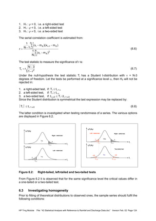 HP Trng Module File: “43 Statistical Analysis with Reference to Rainfall and Discharge Data.doc” Version Feb. 02 Page 124
1. H1 : ρ > 0, i.e. a right-sided test
2. H1 : ρ < 0, i.e. a left-sided test
3. H1 : ρ ≠ 0, i.e. a two-sided test
The serial correlation coefficient is estimated from:
(6.6)
The test statistic to measure the significance of r is:
(6.7)
Under the null-hypothesis the test statistic Tr has a Student t-distribution with ν = N-3
degrees of freedom. Let the tests be performed at a significance level α, then H0 will not be
rejected in:
1. a right-sided test, if: Tr ≤ tν,1-α
2. a left-sided test, if: Tr ≥ tν,α
3. a two-sided test, if: tν,α/2 ≤ Tr ≤tν,1-α/2
Since the Student distribution is symmetrical the last expression may be replaced by:
Tr ≤ tν,1-α/2 (6.8)
The latter condition is investigated when testing randomness of a series. The various options
are displayed in Figure 6.2.
Figure 6.2: Right-tailed, left-tailed and two-tailed tests
From Figure 6.2 it is observed that for the same significance level the critical values differ in
a one-tailed or a two-tailed test.
6.3 Investigating homogeneity
Prior to fitting of theoretical distributions to observed ones, the sample series should fulfil the
following conditions:
∑ −
∑ −−
−
=
=
−
=
+
N
1i
2
Xi
1N
1i
X1iXi
)mx(
N
1
)mx)(mx(
1N
1
r
2r
r1
3N
rT
−
−
=
1-α
α
tν,1-α
Tr
f0(Tr|H0)
1-αα
tν, α
Tr
f0(Tr|H0)
Right - tailed test
Left - tailed test
1-2α
α
tν,1-α
Tr
f0(Tr|H0)
1-α
α
tν, α
Tr
f0(Tr|H0)
Right - tailed testLeft - tailed test
α/2α/2
tν, α/2 tν, 1-α/2
Two-tailed test
 