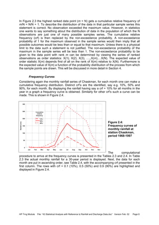 HP Trng Module File: “43 Statistical Analysis with Reference to Rainfall and Discharge Data.doc” Version Feb. 02 Page 8
In Figure 2.3 the highest ranked data point (m = N) gets a cumulative relative frequency of
m/N = N/N = 1. To describe the distribution of the data in that particular sample series this
statement is correct. No observation exceeded the maximum value. However, in statistics
one wants to say something about the distribution of data in the population of which the N
observations are just one of many possible samples series. The cumulative relative
frequency (crf) is then replaced by the non-exceedance probability. A non-exceedance
probability of 1 for the maximum observed in the sample series would then imply that all
possible outcomes would be less than or equal to that maximum. Unless there is a physical
limit to the data such a statement is not justified. The non-exceedance probability of the
maximum in the sample series will be less than 1. The non-exceedance probability to be
given to the data point with rank m can be determined by viewing the series of ranked
observations as order statistics: X(1), X(2), X(3), …,,X(m),…X(N). The expected value of
order statistic X(m) depends first of all on the rank of X(m) relative to X(N). Furthermore is
the expected value of X(m) a function of the probability distribution of the process from which
the sample points are drawn. This will be discussed in more detail in Section 4.
Frequency Curves
Considering again the monthly rainfall series of Chaskman, for each month one can make a
cumulative frequency distribution. Distinct crf’s are the identified, say e.g. 10%, 50% and
90%, for each month. By displaying the rainfall having say a crf = 10% for all months in the
year in a graph a frequency curve is obtained. Similarly for other crf’s such a curve can be
made. This is shown in Figure 2.4.
Figure 2.4:
Frequency curves of
monthly rainfall at
station Chaskman,
period 1968-1997
The computational
procedure to arrive at the frequency curves is presented in the Tables 2.3 and 2.4. In Table
2.3 the actual monthly rainfall for a 30-year period is displayed. Next, the data for each
month are put in ascending order, see Table 2.4, with the accompanying crf presented in the
first column. The rows with crf = 0.1 (10%), 0.5 (50%) and 0.9 (90%) are highlighted and
displayed in Figure 2.4.
0
50
100
150
200
250
300
Jan Feb Mar Apr May Jun Jul Aug Sep Oct Nov Dec
Rainfall(mm)
10%
50%
90%
Cumulative
relative
frequency
 
