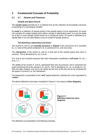HP Trng Module File: “43 Statistical Analysis with Reference to Rainfall and Discharge Data.doc” Version Feb. 02 Page 19
3 Fundamental Concepts of Probability
3.1 3.1 Axioms and Theorems
Sample and Space Events
The sample space denoted by Ω, is defined here as the collection of all possible outcomes
of sampling on a hydrological variable.
An event is a collection of sample points in the sample space Ω of an experiment. An event
can consists of a single sample point called a simple or elementary event, or it can be made
up of two or more sample points known as a compound event. An event is (denoted by a
capital letter A (or any other letter)) is thus a subset of sample space Ω.
The Null Event, Intersection and Union
Two events A1 and A2 are mutually exclusive or disjoint if the occurrence of A1 excludes
A2, i.e. none of the points contained in A1 is contained in A2. and vice versa.
The intersection of the events A1 and A2 is that part of the sample space they have in
common. This is denoted by A1∩A2 or A1A2.
If A1 and A2 are mutually exclusive then their intersection constitutes a null event: A1∩A2 =
A1A2 = ∅.
The union of two events A1 and A2 represents their joint occurrences, and it comprises the
event containing the entire sample in A1 and A2. This is denoted by A1∪A2, or simply A1+ A2.
With the latter notation one has to be careful as the sum of the two has to be corrected for
the space in common (i.e. the intersection.
The intersection is equivalent to the “and” logical statement, whereas the union equivalent to
“and/or”.
The above definitions have been visualised in Figure 3.1 by means of Venn diagrams.
Figure 3.1:
Definition sketch by Venn
diagrams
The definitions are illustrated in the following example:
Ω
ΩΩ
Ω
A1 A
A1
A1
A2
A2
A2
B
A1 and A2
mutually
exclusive
intersection
A1
∩A2
A1
∪A2
A∩B
Union
Conditional
probability
 