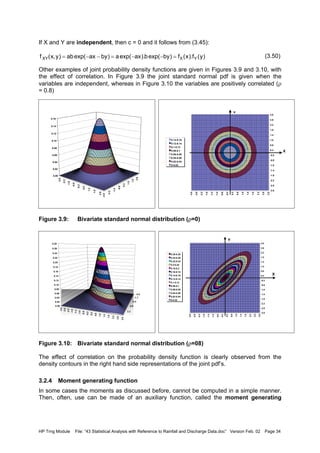 HP Trng Module File: “43 Statistical Analysis with Reference to Rainfall and Discharge Data.doc” Version Feb. 02 Page 34
If X and Y are independent, then c = 0 and it follows from (3.45):
(3.50)
Other examples of joint probability density functions are given in Figures 3.9 and 3.10, with
the effect of correlation. In Figure 3.9 the joint standard normal pdf is given when the
variables are independent, whereas in Figure 3.10 the variables are positively correlated (ρ
= 0.8)
Figure 3.9: Bivariate standard normal distribution (ρ=0)
Figure 3.10: Bivariate standard normal distribution (ρ=08)
The effect of correlation on the probability density function is clearly observed from the
density contours in the right hand side representations of the joint pdf’s.
3.2.4 Moment generating function
In some cases the moments as discussed before, cannot be computed in a simple manner.
Then, often, use can be made of an auxiliary function, called the moment generating
)y(f).x(f)byexp(b).axexp(a)byaxexp(ab)y,x(f YXXY =−−=−−=-3.0
-2.3
-1.6
-0.9
-0.2
0.5
1.2
1.9
2.6
-3.0
-2.2
-1.4
-0.6
0.2
1.0
1.8
2.6
0.00
0.02
0.04
0.06
0.08
0.10
0.12
0.14
0.16
-3.0
-2.6
-2.2
-1.8
-1.4
-1.0
-0.6
-0.2
0.2
0.6
1.0
1.4
1.8
2.2
2.6
3.0
-3.0
-2.6
-2.2
-1.8
-1.4
-1.0
-0.6
-0.2
0.2
0.6
1.0
1.4
1.8
2.2
2.6
3.0
0.14-0.16
0.12-0.14
0.1-0.12
0.08-0.1
0.06-0.08
0.04-0.06
0.02-0.04
0-0.02
X
Y
-3.0
-1.7
-0.4
0.9
2.2
-3.0
-2.6
-2.2
-1.8
-1.4
-1.0
-0.6
-0.2
0.2
0.6
1.0
1.4
1.8
2.2
2.6
3.0
0.00
0.02
0.04
0.06
0.08
0.10
0.12
0.14
0.16
0.18
0.20
0.22
0.24
0.26
0.28
-3.0
-2.6
-2.2
-1.8
-1.4
-1.0
-0.6
-0.2
0.2
0.6
1.0
1.4
1.8
2.2
2.6
3.0
-3.0
-2.6
-2.2
-1.8
-1.4
-1.0
-0.6
-0.2
0.2
0.6
1.0
1.4
1.8
2.2
2.6
3.0
0.26-0.28
0.24-0.26
0.22-0.24
0.2-0.22
0.18-0.2
0.16-0.18
0.14-0.16
0.12-0.14
0.1-0.12
0.08-0.1
0.06-0.08
0.04-0.06
0.02-0.04
0-0.02
X
Y
 
