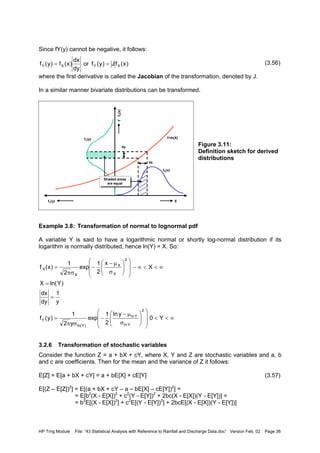 HP Trng Module File: “43 Statistical Analysis with Reference to Rainfall and Discharge Data.doc” Version Feb. 02 Page 36
Since fY(y) cannot be negative, it follows:
(3.56)
where the first derivative is called the Jacobian of the transformation, denoted by J.
In a similar manner bivariate distributions can be transformed.
Figure 3.11:
Definition sketch for derived
distributions
Example 3.8: Transformation of normal to lognormal pdf
A variable Y is said to have a logarithmic normal or shortly log-normal distribution if its
logarithm is normally distributed, hence ln(Y) = X. So:
3.2.6 Transformation of stochastic variables
Consider the function Z = a + bX + cY, where X, Y and Z are stochastic variables and a, b
and c are coefficients. Then for the mean and the variance of Z it follows:
E[Z] = E[a + bX + cY] = a + bE[X] + cE[Y] (3.57)
E[(Z – E[Z])2
] = E[(a + bX + cY – a – bE[X] – cE[Y])2
] =
= E[b2
(X - E[X])2
+ c2
(Y - E[Y])2
+ 2bc(X - E[X])(Y - E[Y])] =
= b2
E[(X - E[X])2
] + c2
E[(Y - E[Y])2
] + 2bcE[(X - E[X])(Y - E[Y])]
)x(fJ)y(for
dy
dx
)x(f)y(f XYXY ==
Y=h(X)
XfY(y)
YfX(x)
fY(y)
fX(x)
Shaded areas
are equal
Shaded areas
are equal
dy
dx
∞<<














σ
µ−
−
σπ
=
=
=
∞<<∞−














σ
µ−
−
σπ
=
Y0
yln
2
1
exp
y2
1
)y(f
y
1
dy
dx
)Yln(X
X
x
2
1
exp
2
1
)x(f
2
Yln
Yln
)Yln(
Y
2
X
X
X
X
 