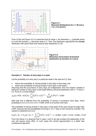 HP Trng Module File: “43 Statistical Analysis with Reference to Rainfall and Discharge Data.doc” Version Feb. 02 Page 45
Figure 4.1:
Binomial distributions for n = 20 and p
= 0.1, 0.5 and 0.9
From (4.3b) and Figure 4.2 it is observed that for large n, the skewness γ1,X gradually tends
to 0 and the kurtosis γ2,X becomes close to 3. Then, the distribution approaches the normal
distribution with same mean and variance (see Subsection 4.3.2).
Figure 4.2:
Skewness and kurtosis of binomial
distribution as function of n and p
Example 4.1 Number of rainy days in a week
Let the probability of a rainy day in a particular week in the year be 0.3, then:
• what is the probability of having exactly 4 rainy days in that week, and
• what is the probability of having at least 4 rainy days in that week?
Assuming that the occurrence of rainy days are independent, then the random variable X
being the number of rainy days in that week follows a binomial distribution with n = 7 and p =
0.3. From (4.1) it then follows:
Note that this is different from the probability of having 4 successive rainy days, which
probability is 0.3 x 0.3 x 0.3 x 0.3 = 0.008, which is of course much less.
The probability of having at least 4 rainy days in that week of the year should be larger than
0.097, because also the probabilities of having 5, 6 or 7 days of rain should be included. The
solution is obtained from (4.2):
From the above it is observed that in case n and X are big numbers the elaboration of the
sum will require some effort. In such cases the normal approximation is a better less
cumbersome approach.
0.0
0.2
0.4
0.6
0.8
1.0
1.2
1.4
1.6
1.8
2.0
0 10 20 30 40 50 60 70 80 90 100
number of data n
Skewness
2.0
2.2
2.4
2.6
2.8
3.0
3.2
3.4
3.6
3.8
4.0
Kurtosis
skewness
p
0.1
0.2
0.3
0.4
0.5
values for p > 0.5 are negative but
symmetrical about p = 0.5
kurtosis
p
0.1 & 0.9
0.2 & 0.8
0.3 & 0.7
0.4 & 0.6
0.5
097.07.03.0
!3x!4
!7
)3.01(3.0
4
7
)3.0,7;4X(P)x(p 34474
X ==−





==≡ −
127.0)226.0318.0247.0082.0(1)3.01(3.0
k
7
1)3X(F1)4X(F k7k
3
0k
XX =+++−=−∑ 





−=≤−=≥ −
=
0.00
0.05
0.10
0.15
0.20
0.25
0.30
0 2 4 6 8 10 12 14 16 18 20
X
p
X
(x)
p=0.1
p=0.5
p=0.9
 
