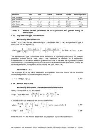 HP Trng Module File: “43 Statistical Analysis with Reference to Rainfall and Discharge Data.doc” Version Feb. 02 Page 70
distribution mean mode Variance Skewness kurtosis Standardised variate
z
1-par. exponential β - β
2
2 9 z=x/β
2-par. exponential x0+β - β
2
2 9 z=(x-x0)/β
1-par. gamma γ γ-1, γ>1 γ 2/√γ 3(γ+2)/γ z=x
2-par. gamma βγ β(γ-1) β
2
γ 2/√γ 3(γ+2)/γ z=x/β
3-par. Gamma or P-3 x0+βγ x0+β(γ-1) β
2
γ 2/√γ 3(γ+2)/γ z=(x-x0)/β
Chi-squared ν ν-2, ν>2 2ν 2
3/2
/√ν 3(ν+4)/ν z=x/2
Table 4.3: Moment related parameters of the exponential and gamma family of
distributions
4.5.5 Log-Pearson Type 3 distribution
Probability density function
When Y = ln(X - x0) follows a Pearson Type 3 distribution then (X - x0) is log-Pearson Type 3
distributed. Its pdf is given by:
(4.82)
The log-Pearson Type 3distribution finds application in hydrology particularly for strongly
positively skewed annual flood peaks. The skewness is reduced by a logarithmic
transformation, to arrive at a Pearson type III distribution. In the USA the log-Pearson type III
is the standard for modelling annual maximum floods (Water Resources Council, 1967). All
relations presented in the previous sub-section are valid for ln(X-x0).
Quantiles of LP-3
The quantiles xT of the LP-3 distribution are obtained from the inverse of the standard
incomplete gamma function leading to zT and (4.81):
(4.81)
4.5.6 Weibull distribution
Probability density and cumulative distribution function
With γ = 1 equation (4.55) reduces to:
it follows for the pdf and cdf of the Weibull distribution:
(4.82)
(4.83)
Note that for k = 1 the Weibull distribution reduces to an exponential distribution.
00
00
1
00
0
X y)xxln(:for
y)xxln(
exp
y)xxln(
)()xx(
1
)x(f >−













β
−−
−





β
−−
γΓ−β
=
−γ
)zyexp(xx T00T β++=
dx
xxk
dz:so
xx
z:withds)sexp()z(F
1k
0
k
0
z
0
−






β
−
β
=





β
−
=−= ∫
0,0k,xx:for
xx
exp
xxk
dx
)x(dF
)x(f 0
k
0
1k
0X
X >β>≥














β
−
−





β
−
β
==
−














β
−
−−=
k
0
X
xx
exp1)x(F
 