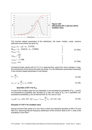 HP Trng Module File: “43 Statistical Analysis with Reference to Rainfall and Discharge Data.doc” Version Feb. 02 Page 81
Figure 4.26:
Standardise EV-1 pdf and cdf for
smallest value
The moment related parameters of the distribution, the mean, median, mode, variance
skewness and kurtosis are given by:
(4.124a)
(4.124b)
Comparing these results with (4.111) it is observed that, apart from some changes in sign,
the components of the above formulae are similar. For the distribution parameters expressed
in the moment related parameters it now follows:
(4.125)
(4.126)
Quantiles of EV-1 for Xmin
In case of the smallest value we are interested in non-exceedance probability of Xmin. Let this
non-exceedance probability pbe denoted by p then the value of Xmin for a specified non-
exceedance probability p can be derived from (4.121) and (4.122):
(4.125)
Example 4.11 EV-1 for smallest value
Annual minimum flow series of a river have a mean and standard deviation of 500 m3
/s and
200 m3
/s. Assuming that the frequency distribution of the minimum flows is EV-1, what is the
probability of zero flow?
0.00
0.05
0.10
0.15
0.20
0.25
0.30
0.35
0.40
0.45
0.50
-7 -6 -5 -4 -3 -2 -1 0 1 2 3
Reduced Variate Z
fZ(z)
0.0
0.1
0.2
0.3
0.4
0.5
0.6
0.7
0.8
0.9
1.0
FZ(z)
pdf
cdf
0minX
00minX
0E0minX
xm
3665.0x)2ln(lnxM
5772.0xx
=
β−=β−=
β−=βγ−=µ
4.5
1396.1
6
minX,2
minX,1
22
2
minX
=γ
−≈γ
βπ
=σ
σ
π
=β
6
σ+µ=σ
π
γ+µ= 45.0
6
x E0
{ }))p1ln(ln(
6
))p1ln(ln(x)p(x EminXminX0min −−+γ
π
σ+µ=−−β+=
 