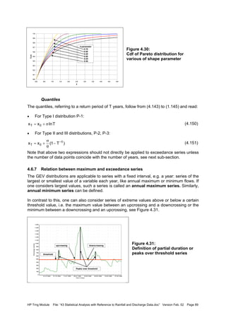 HP Trng Module File: “43 Statistical Analysis with Reference to Rainfall and Discharge Data.doc” Version Feb. 02 Page 89
Figure 4.30:
Cdf of Pareto distribution for
various of shape parameter
Quantiles
The quantiles, referring to a return period of T years, follow from (4.143) to (1.145) and read:
• For Type I distribution P-1:
(4.150)
• For Type II and III distributions, P-2, P-3:
(4.151)
Note that above two expressions should not directly be applied to exceedance series unless
the number of data points coincide with the number of years, see next sub-section.
4.6.7 Relation between maximum and exceedance series
The GEV distributions are applicable to series with a fixed interval, e.g. a year: series of the
largest or smallest value of a variable each year, like annual maximum or minimum flows. If
one considers largest values, such a series is called an annual maximum series. Similarly,
annual minimum series can be defined.
In contrast to this, one can also consider series of extreme values above or below a certain
threshold value, i.e. the maximum value between an upcrossing and a downcrossing or the
minimum between a downcrossing and an upcrossing, see Figure 4.31.
Figure 4.31:
Definition of partial duration or
peaks over threshold series
Tlnxx 0T σ+=
)T1(xx 0T
θ−
−
θ
σ
+=
T im e in d ays
27-03-199512-03-199525-02-199510-02-199526-01-199511-01-199527-12-199412-12-1994
Discharge[m3/s]
1,600
1,500
1,400
1,300
1,200
1,100
1,000
900
800
700
600
500
400
300
200
100
0
upcrossing downcrossing
threshold
Peaks over threshold
0.0
0.1
0.2
0.3
0.4
0.5
0.6
0.7
0.8
0.9
1.0
0.0 0.5 1.0 1.5 2.0 2.5 3.0 3.5 4.0 4.5 5.0
Z
FZ(z)
θ-parameter
0.75
0.50
0.25
0.00
-0.25
-0.50
 