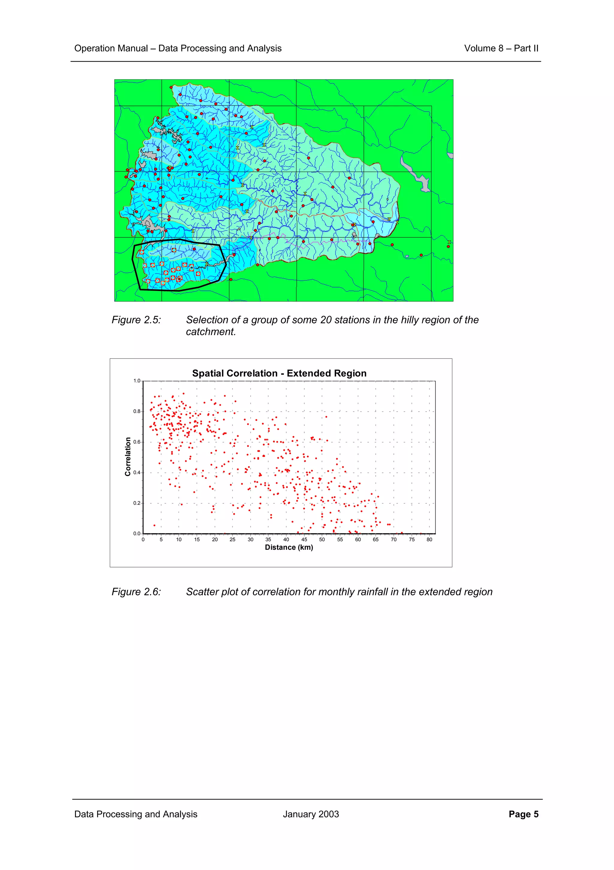 Operation Manual – Data Processing and Analysis Volume 8 – Part II
Data Processing and Analysis January 2003 Page 5
Figure 2.5: Selection of a group of some 20 stations in the hilly region of the
catchment.
Figure 2.6: Scatter plot of correlation for monthly rainfall in the extended region
Spatial Correlation - Extended Region
Distance (km)
80757065605550454035302520151050
Correlation
1.0
0.8
0.6
0.4
0.2
0.0
 