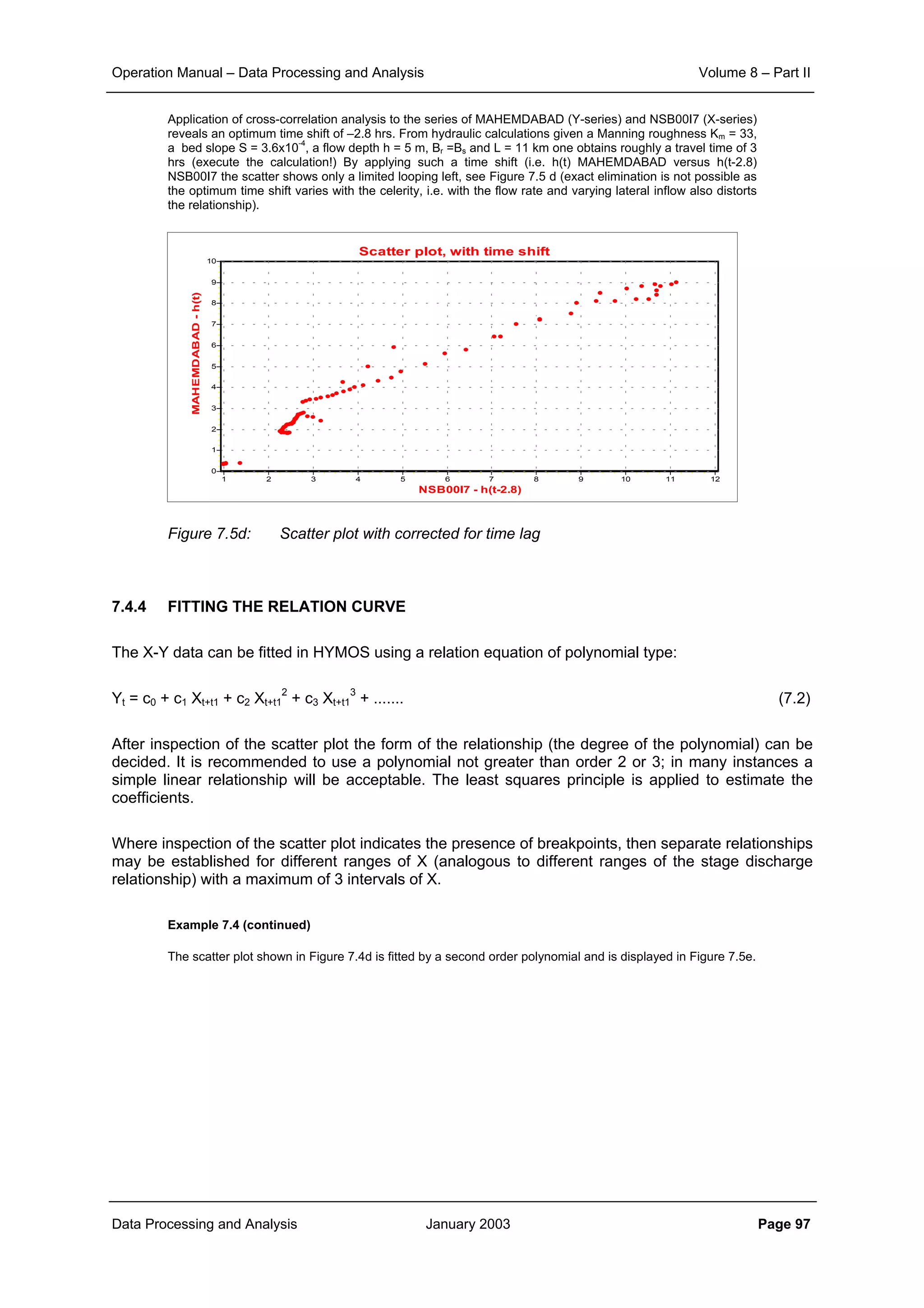 Operation Manual – Data Processing and Analysis Volume 8 – Part II
Data Processing and Analysis January 2003 Page 97
Application of cross-correlation analysis to the series of MAHEMDABAD (Y-series) and NSB00I7 (X-series)
reveals an optimum time shift of –2.8 hrs. From hydraulic calculations given a Manning roughness Km = 33,
a bed slope S = 3.6x10
-4
, a flow depth h = 5 m, Br =Bs and L = 11 km one obtains roughly a travel time of 3
hrs (execute the calculation!) By applying such a time shift (i.e. h(t) MAHEMDABAD versus h(t-2.8)
NSB00I7 the scatter shows only a limited looping left, see Figure 7.5 d (exact elimination is not possible as
the optimum time shift varies with the celerity, i.e. with the flow rate and varying lateral inflow also distorts
the relationship).
Figure 7.5d: Scatter plot with corrected for time lag
7.4.4 FITTING THE RELATION CURVE
The X-Y data can be fitted in HYMOS using a relation equation of polynomial type:
Yt = c0 + c1 Xt+t1 + c2 Xt+t1
2
+ c3 Xt+t1
3
+ ....... (7.2)
After inspection of the scatter plot the form of the relationship (the degree of the polynomial) can be
decided. It is recommended to use a polynomial not greater than order 2 or 3; in many instances a
simple linear relationship will be acceptable. The least squares principle is applied to estimate the
coefficients.
Where inspection of the scatter plot indicates the presence of breakpoints, then separate relationships
may be established for different ranges of X (analogous to different ranges of the stage discharge
relationship) with a maximum of 3 intervals of X.
Example 7.4 (continued)
The scatter plot shown in Figure 7.4d is fitted by a second order polynomial and is displayed in Figure 7.5e.
Scatter plot, with time shift
NSB00I7 - h(t-2.8)
121110987654321
MAHEMDABAD-h(t)
10
9
8
7
6
5
4
3
2
1
0
 