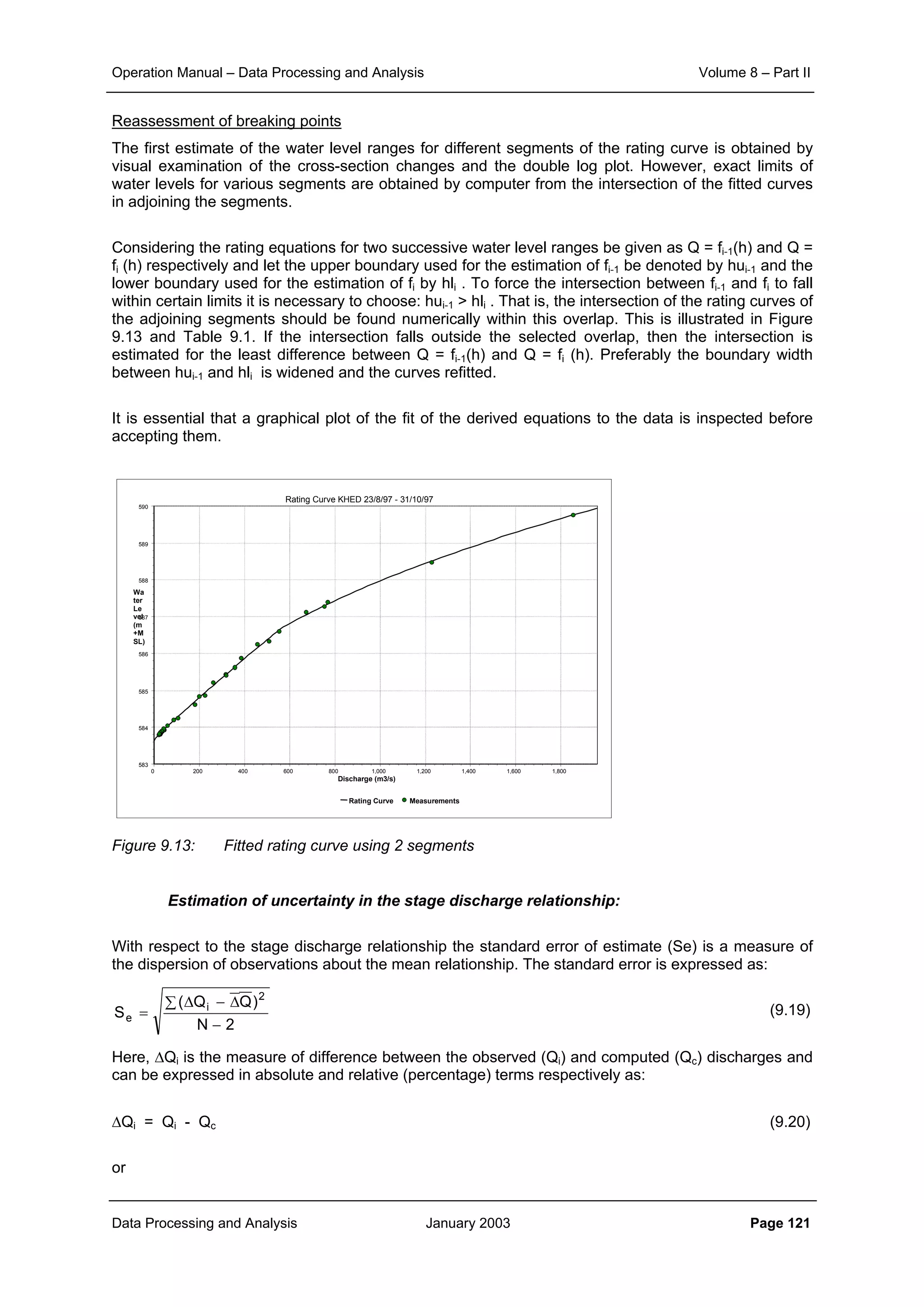Operation Manual – Data Processing and Analysis Volume 8 – Part II
Data Processing and Analysis January 2003 Page 121
Reassessment of breaking points
The first estimate of the water level ranges for different segments of the rating curve is obtained by
visual examination of the cross-section changes and the double log plot. However, exact limits of
water levels for various segments are obtained by computer from the intersection of the fitted curves
in adjoining the segments.
Considering the rating equations for two successive water level ranges be given as Q = fi-1(h) and Q =
fi (h) respectively and let the upper boundary used for the estimation of fi-1 be denoted by hui-1 and the
lower boundary used for the estimation of fi by hli . To force the intersection between fi-1 and fi to fall
within certain limits it is necessary to choose: hui-1 > hli . That is, the intersection of the rating curves of
the adjoining segments should be found numerically within this overlap. This is illustrated in Figure
9.13 and Table 9.1. If the intersection falls outside the selected overlap, then the intersection is
estimated for the least difference between Q = fi-1(h) and Q = fi (h). Preferably the boundary width
between hui-1 and hli is widened and the curves refitted.
It is essential that a graphical plot of the fit of the derived equations to the data is inspected before
accepting them.
Figure 9.13: Fitted rating curve using 2 segments
Estimation of uncertainty in the stage discharge relationship:
With respect to the stage discharge relationship the standard error of estimate (Se) is a measure of
the dispersion of observations about the mean relationship. The standard error is expressed as:
(9.19)
Here, ∆Qi is the measure of difference between the observed (Qi) and computed (Qc) discharges and
can be expressed in absolute and relative (percentage) terms respectively as:
∆Qi = Qi - Qc (9.20)
or
Rating Curve KHED 23/8/97 - 31/10/97
Rating Curve Measurements
Discharge (m3/s)
1,8001,6001,4001,2001,0008006004002000
Wa
ter
Le
vel
(m
+M
SL)
590
589
588
587
586
585
584
583
2N
)QQ(
S
2
i
e
−
∑ ∆−∆
=
 