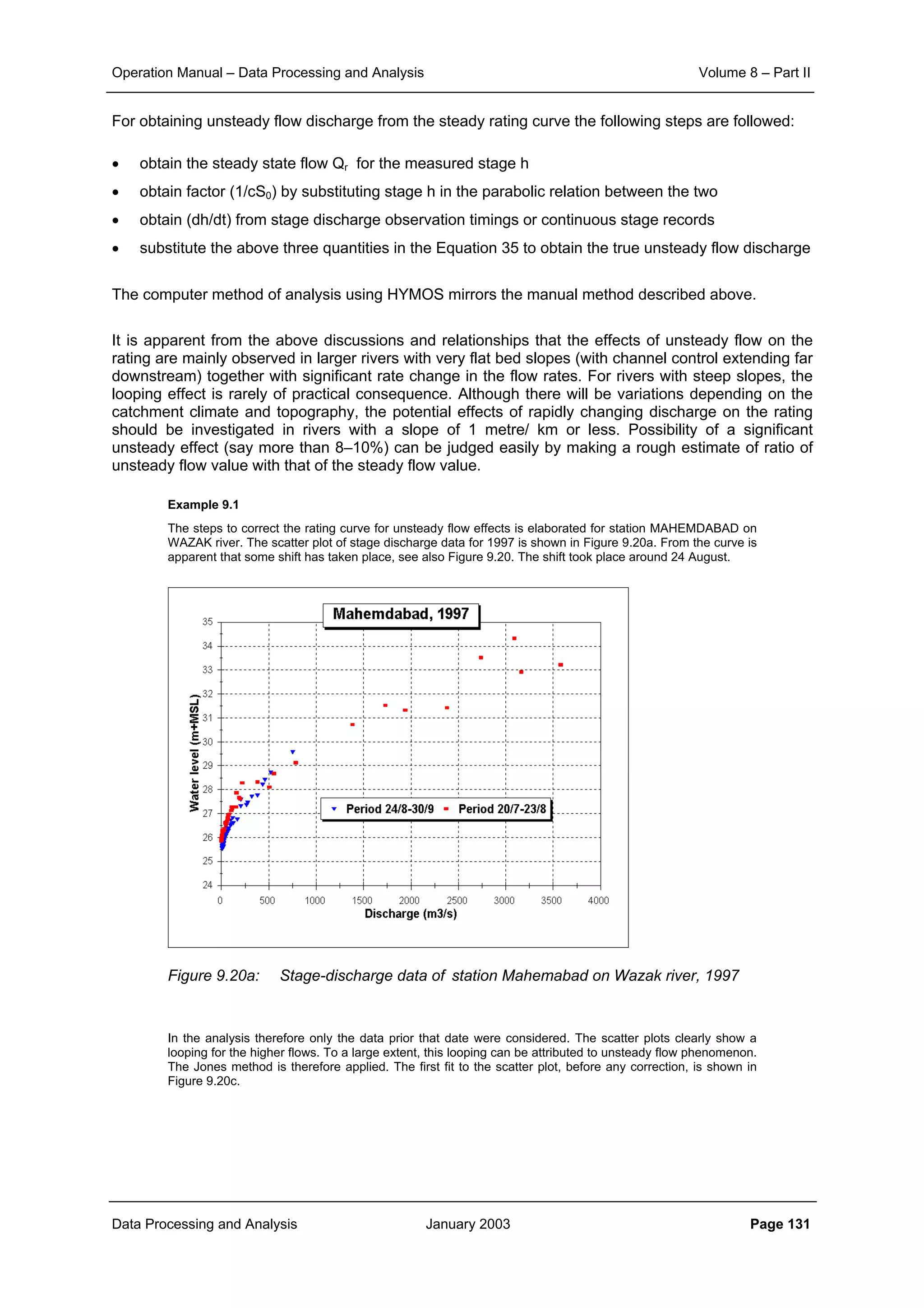 Operation Manual – Data Processing and Analysis Volume 8 – Part II
Data Processing and Analysis January 2003 Page 131
For obtaining unsteady flow discharge from the steady rating curve the following steps are followed:
• obtain the steady state flow Qr for the measured stage h
• obtain factor (1/cS0) by substituting stage h in the parabolic relation between the two
• obtain (dh/dt) from stage discharge observation timings or continuous stage records
• substitute the above three quantities in the Equation 35 to obtain the true unsteady flow discharge
The computer method of analysis using HYMOS mirrors the manual method described above.
It is apparent from the above discussions and relationships that the effects of unsteady flow on the
rating are mainly observed in larger rivers with very flat bed slopes (with channel control extending far
downstream) together with significant rate change in the flow rates. For rivers with steep slopes, the
looping effect is rarely of practical consequence. Although there will be variations depending on the
catchment climate and topography, the potential effects of rapidly changing discharge on the rating
should be investigated in rivers with a slope of 1 metre/ km or less. Possibility of a significant
unsteady effect (say more than 8–10%) can be judged easily by making a rough estimate of ratio of
unsteady flow value with that of the steady flow value.
Example 9.1
The steps to correct the rating curve for unsteady flow effects is elaborated for station MAHEMDABAD on
WAZAK river. The scatter plot of stage discharge data for 1997 is shown in Figure 9.20a. From the curve is
apparent that some shift has taken place, see also Figure 9.20. The shift took place around 24 August.
Figure 9.20a: Stage-discharge data of station Mahemabad on Wazak river, 1997
In the analysis therefore only the data prior that date were considered. The scatter plots clearly show a
looping for the higher flows. To a large extent, this looping can be attributed to unsteady flow phenomenon.
The Jones method is therefore applied. The first fit to the scatter plot, before any correction, is shown in
Figure 9.20c.
 