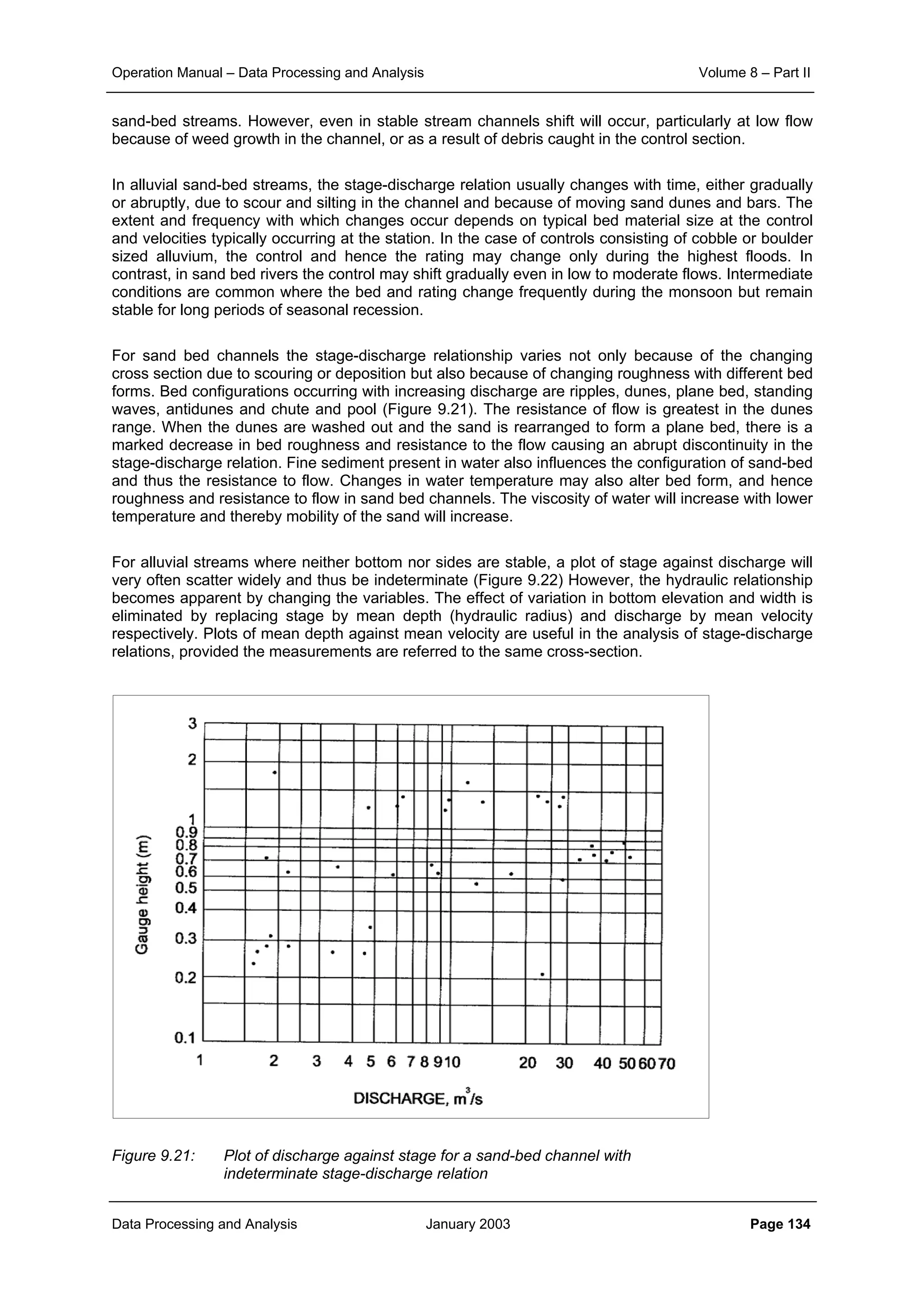 Operation Manual – Data Processing and Analysis Volume 8 – Part II
Data Processing and Analysis January 2003 Page 134
sand-bed streams. However, even in stable stream channels shift will occur, particularly at low flow
because of weed growth in the channel, or as a result of debris caught in the control section.
In alluvial sand-bed streams, the stage-discharge relation usually changes with time, either gradually
or abruptly, due to scour and silting in the channel and because of moving sand dunes and bars. The
extent and frequency with which changes occur depends on typical bed material size at the control
and velocities typically occurring at the station. In the case of controls consisting of cobble or boulder
sized alluvium, the control and hence the rating may change only during the highest floods. In
contrast, in sand bed rivers the control may shift gradually even in low to moderate flows. Intermediate
conditions are common where the bed and rating change frequently during the monsoon but remain
stable for long periods of seasonal recession.
For sand bed channels the stage-discharge relationship varies not only because of the changing
cross section due to scouring or deposition but also because of changing roughness with different bed
forms. Bed configurations occurring with increasing discharge are ripples, dunes, plane bed, standing
waves, antidunes and chute and pool (Figure 9.21). The resistance of flow is greatest in the dunes
range. When the dunes are washed out and the sand is rearranged to form a plane bed, there is a
marked decrease in bed roughness and resistance to the flow causing an abrupt discontinuity in the
stage-discharge relation. Fine sediment present in water also influences the configuration of sand-bed
and thus the resistance to flow. Changes in water temperature may also alter bed form, and hence
roughness and resistance to flow in sand bed channels. The viscosity of water will increase with lower
temperature and thereby mobility of the sand will increase.
For alluvial streams where neither bottom nor sides are stable, a plot of stage against discharge will
very often scatter widely and thus be indeterminate (Figure 9.22) However, the hydraulic relationship
becomes apparent by changing the variables. The effect of variation in bottom elevation and width is
eliminated by replacing stage by mean depth (hydraulic radius) and discharge by mean velocity
respectively. Plots of mean depth against mean velocity are useful in the analysis of stage-discharge
relations, provided the measurements are referred to the same cross-section.
Figure 9.21: Plot of discharge against stage for a sand-bed channel with
indeterminate stage-discharge relation
 