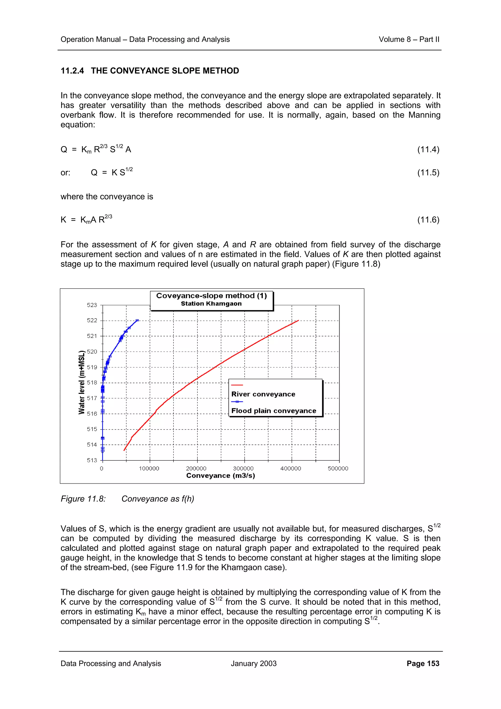Operation Manual – Data Processing and Analysis Volume 8 – Part II
Data Processing and Analysis January 2003 Page 153
11.2.4 THE CONVEYANCE SLOPE METHOD
In the conveyance slope method, the conveyance and the energy slope are extrapolated separately. It
has greater versatility than the methods described above and can be applied in sections with
overbank flow. It is therefore recommended for use. It is normally, again, based on the Manning
equation:
Q = Km R2/3
S1/2
A (11.4)
or: Q = K S1/2
(11.5)
where the conveyance is
K = KmA R2/3
(11.6)
For the assessment of K for given stage, A and R are obtained from field survey of the discharge
measurement section and values of n are estimated in the field. Values of K are then plotted against
stage up to the maximum required level (usually on natural graph paper) (Figure 11.8)
Figure 11.8: Conveyance as f(h)
Values of S, which is the energy gradient are usually not available but, for measured discharges, S1/2
can be computed by dividing the measured discharge by its corresponding K value. S is then
calculated and plotted against stage on natural graph paper and extrapolated to the required peak
gauge height, in the knowledge that S tends to become constant at higher stages at the limiting slope
of the stream-bed, (see Figure 11.9 for the Khamgaon case).
The discharge for given gauge height is obtained by multiplying the corresponding value of K from the
K curve by the corresponding value of S1/2
from the S curve. It should be noted that in this method,
errors in estimating Km have a minor effect, because the resulting percentage error in computing K is
compensated by a similar percentage error in the opposite direction in computing S1/2
.
 