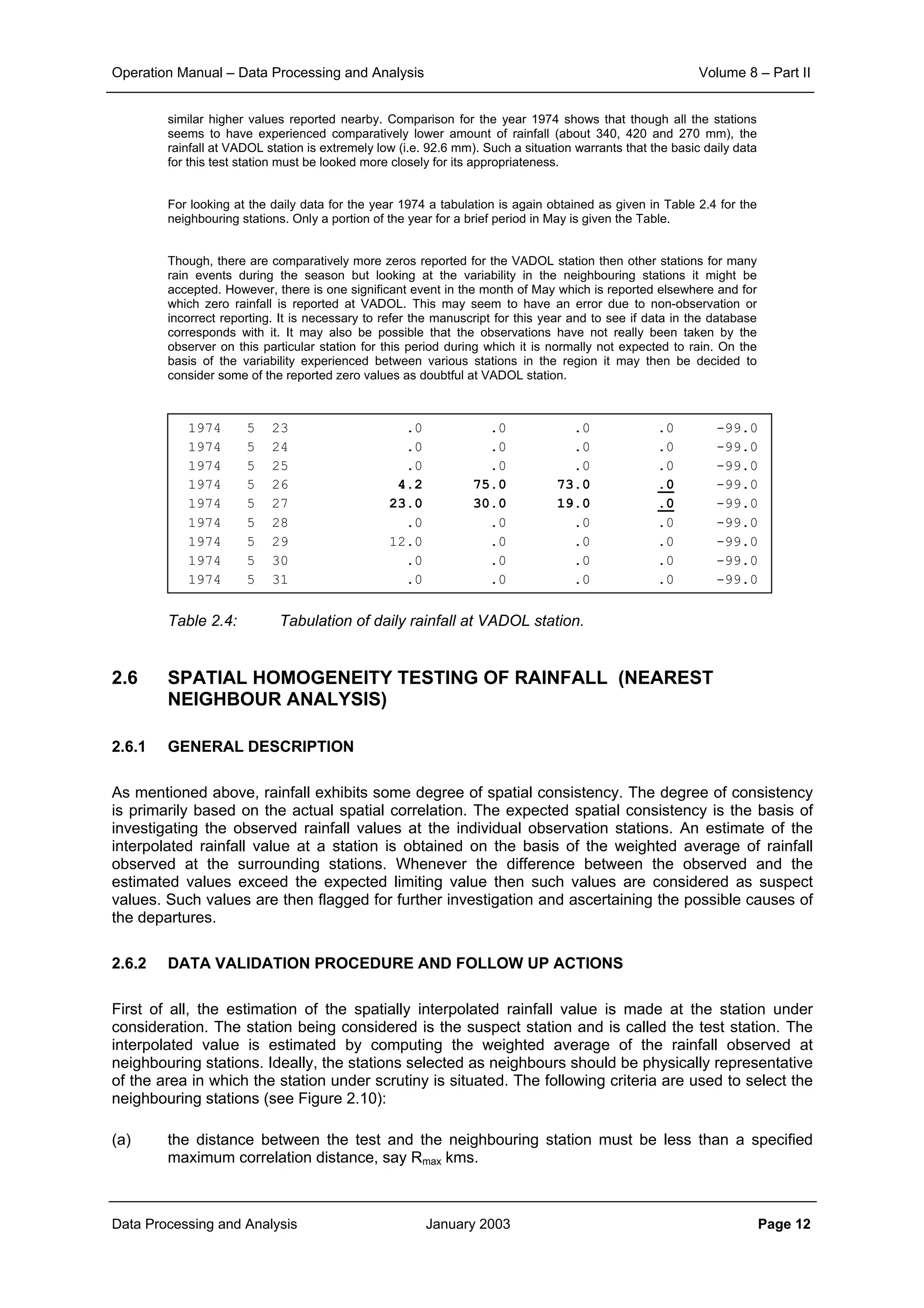 Operation Manual – Data Processing and Analysis Volume 8 – Part II
Data Processing and Analysis January 2003 Page 12
similar higher values reported nearby. Comparison for the year 1974 shows that though all the stations
seems to have experienced comparatively lower amount of rainfall (about 340, 420 and 270 mm), the
rainfall at VADOL station is extremely low (i.e. 92.6 mm). Such a situation warrants that the basic daily data
for this test station must be looked more closely for its appropriateness.
For looking at the daily data for the year 1974 a tabulation is again obtained as given in Table 2.4 for the
neighbouring stations. Only a portion of the year for a brief period in May is given the Table.
Though, there are comparatively more zeros reported for the VADOL station then other stations for many
rain events during the season but looking at the variability in the neighbouring stations it might be
accepted. However, there is one significant event in the month of May which is reported elsewhere and for
which zero rainfall is reported at VADOL. This may seem to have an error due to non-observation or
incorrect reporting. It is necessary to refer the manuscript for this year and to see if data in the database
corresponds with it. It may also be possible that the observations have not really been taken by the
observer on this particular station for this period during which it is normally not expected to rain. On the
basis of the variability experienced between various stations in the region it may then be decided to
consider some of the reported zero values as doubtful at VADOL station.
Table 2.4: Tabulation of daily rainfall at VADOL station.
2.6 SPATIAL HOMOGENEITY TESTING OF RAINFALL (NEAREST
NEIGHBOUR ANALYSIS)
2.6.1 GENERAL DESCRIPTION
As mentioned above, rainfall exhibits some degree of spatial consistency. The degree of consistency
is primarily based on the actual spatial correlation. The expected spatial consistency is the basis of
investigating the observed rainfall values at the individual observation stations. An estimate of the
interpolated rainfall value at a station is obtained on the basis of the weighted average of rainfall
observed at the surrounding stations. Whenever the difference between the observed and the
estimated values exceed the expected limiting value then such values are considered as suspect
values. Such values are then flagged for further investigation and ascertaining the possible causes of
the departures.
2.6.2 DATA VALIDATION PROCEDURE AND FOLLOW UP ACTIONS
First of all, the estimation of the spatially interpolated rainfall value is made at the station under
consideration. The station being considered is the suspect station and is called the test station. The
interpolated value is estimated by computing the weighted average of the rainfall observed at
neighbouring stations. Ideally, the stations selected as neighbours should be physically representative
of the area in which the station under scrutiny is situated. The following criteria are used to select the
neighbouring stations (see Figure 2.10):
(a) the distance between the test and the neighbouring station must be less than a specified
maximum correlation distance, say Rmax kms.
1974 5 23 .0 .0 .0 .0 -99.0
1974 5 24 .0 .0 .0 .0 -99.0
1974 5 25 .0 .0 .0 .0 -99.0
1974 5 26 4.2 75.0 73.0 .0 -99.0
1974 5 27 23.0 30.0 19.0 .0 -99.0
1974 5 28 .0 .0 .0 .0 -99.0
1974 5 29 12.0 .0 .0 .0 -99.0
1974 5 30 .0 .0 .0 .0 -99.0
1974 5 31 .0 .0 .0 .0 -99.0
 