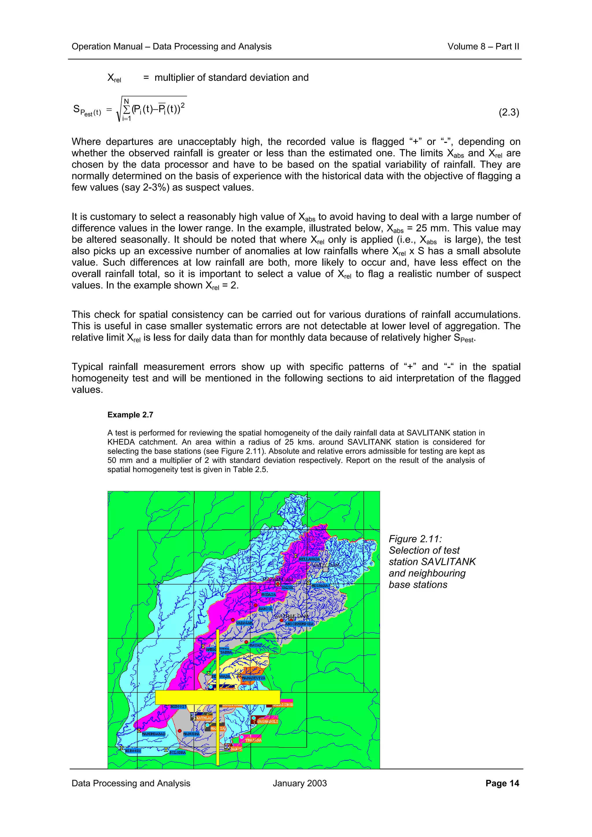 Operation Manual – Data Processing and Analysis Volume 8 – Part II
Data Processing and Analysis January 2003 Page 14
Xrel = multiplier of standard deviation and
(2.3)
Where departures are unacceptably high, the recorded value is flagged “+” or “-”, depending on
whether the observed rainfall is greater or less than the estimated one. The limits Xabs and Xrel are
chosen by the data processor and have to be based on the spatial variability of rainfall. They are
normally determined on the basis of experience with the historical data with the objective of flagging a
few values (say 2-3%) as suspect values.
It is customary to select a reasonably high value of Xabs to avoid having to deal with a large number of
difference values in the lower range. In the example, illustrated below, Xabs = 25 mm. This value may
be altered seasonally. It should be noted that where Xrel only is applied (i.e., Xabs is large), the test
also picks up an excessive number of anomalies at low rainfalls where Xrel x S has a small absolute
value. Such differences at low rainfall are both, more likely to occur and, have less effect on the
overall rainfall total, so it is important to select a value of Xrel to flag a realistic number of suspect
values. In the example shown Xrel = 2.
This check for spatial consistency can be carried out for various durations of rainfall accumulations.
This is useful in case smaller systematic errors are not detectable at lower level of aggregation. The
relative limit Xrel is less for daily data than for monthly data because of relatively higher SPest.
Typical rainfall measurement errors show up with specific patterns of “+” and “-“ in the spatial
homogeneity test and will be mentioned in the following sections to aid interpretation of the flagged
values.
Example 2.7
A test is performed for reviewing the spatial homogeneity of the daily rainfall data at SAVLITANK station in
KHEDA catchment. An area within a radius of 25 kms. around SAVLITANK station is considered for
selecting the base stations (see Figure 2.11). Absolute and relative errors admissible for testing are kept as
50 mm and a multiplier of 2 with standard deviation respectively. Report on the result of the analysis of
spatial homogeneity test is given in Table 2.5.
Figure 2.11:
Selection of test
station SAVLITANK
and neighbouring
base stations
2
ii
N
1i
)t(P ))t(P)t(P(S est
−∑=
=
 