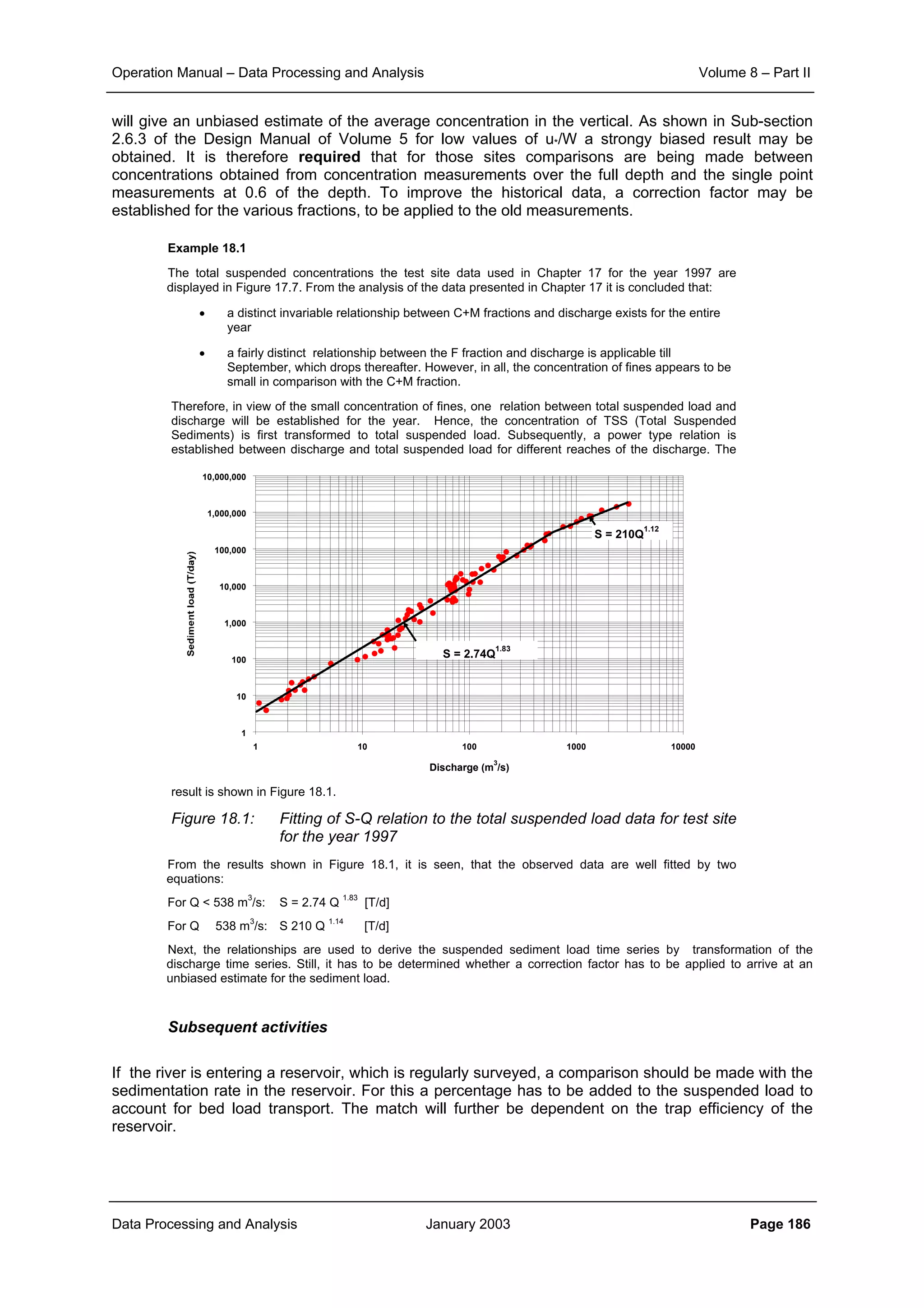 Operation Manual – Data Processing and Analysis Volume 8 – Part II
Data Processing and Analysis January 2003 Page 186
will give an unbiased estimate of the average concentration in the vertical. As shown in Sub-section
2.6.3 of the Design Manual of Volume 5 for low values of u*/W a strongy biased result may be
obtained. It is therefore required that for those sites comparisons are being made between
concentrations obtained from concentration measurements over the full depth and the single point
measurements at 0.6 of the depth. To improve the historical data, a correction factor may be
established for the various fractions, to be applied to the old measurements.
Example 18.1
The total suspended concentrations the test site data used in Chapter 17 for the year 1997 are
displayed in Figure 17.7. From the analysis of the data presented in Chapter 17 it is concluded that:
• a distinct invariable relationship between C+M fractions and discharge exists for the entire
year
• a fairly distinct relationship between the F fraction and discharge is applicable till
September, which drops thereafter. However, in all, the concentration of fines appears to be
small in comparison with the C+M fraction.
Therefore, in view of the small concentration of fines, one relation between total suspended load and
discharge will be established for the year. Hence, the concentration of TSS (Total Suspended
Sediments) is first transformed to total suspended load. Subsequently, a power type relation is
established between discharge and total suspended load for different reaches of the discharge. The
result is shown in Figure 18.1.
Figure 18.1: Fitting of S-Q relation to the total suspended load data for test site
for the year 1997
From the results shown in Figure 18.1, it is seen, that the observed data are well fitted by two
equations:
For Q < 538 m
3
/s: S = 2.74 Q
1.83
[T/d]
For Q 538 m
3
/s: S 210 Q
1.14
[T/d]
Next, the relationships are used to derive the suspended sediment load time series by transformation of the
discharge time series. Still, it has to be determined whether a correction factor has to be applied to arrive at an
unbiased estimate for the sediment load.
Subsequent activities
If the river is entering a reservoir, which is regularly surveyed, a comparison should be made with the
sedimentation rate in the reservoir. For this a percentage has to be added to the suspended load to
account for bed load transport. The match will further be dependent on the trap efficiency of the
reservoir.
1
10
100
1,000
10,000
100,000
1,000,000
10,000,000
1 10 100 1000 10000
Discharge (m
3
/s)
S = 2.74Q
1.83
S = 210Q
1.12
 