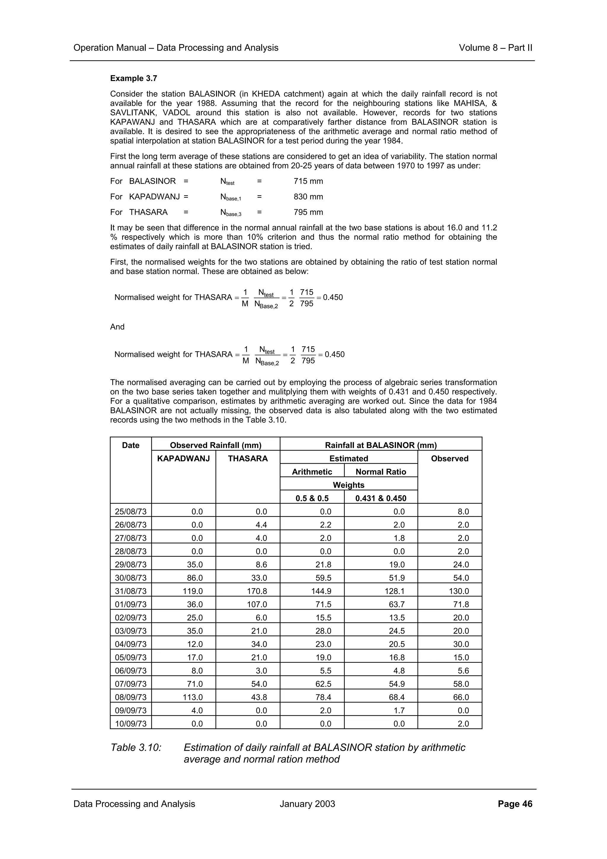 Operation Manual – Data Processing and Analysis Volume 8 – Part II
Data Processing and Analysis January 2003 Page 46
Example 3.7
Consider the station BALASINOR (in KHEDA catchment) again at which the daily rainfall record is not
available for the year 1988. Assuming that the record for the neighbouring stations like MAHISA, &
SAVLITANK, VADOL around this station is also not available. However, records for two stations
KAPAWANJ and THASARA which are at comparatively farther distance from BALASINOR station is
available. It is desired to see the appropriateness of the arithmetic average and normal ratio method of
spatial interpolation at station BALASINOR for a test period during the year 1984.
First the long term average of these stations are considered to get an idea of variability. The station normal
annual rainfall at these stations are obtained from 20-25 years of data between 1970 to 1997 as under:
For BALASINOR = Ntest = 715 mm
For KAPADWANJ = Nbase,1 = 830 mm
For THASARA = Nbase,3 = 795 mm
It may be seen that difference in the normal annual rainfall at the two base stations is about 16.0 and 11.2
% respectively which is more than 10% criterion and thus the normal ratio method for obtaining the
estimates of daily rainfall at BALASINOR station is tried.
First, the normalised weights for the two stations are obtained by obtaining the ratio of test station normal
and base station normal. These are obtained as below:
And
The normalised averaging can be carried out by employing the process of algebraic series transformation
on the two base series taken together and mulitplying them with weights of 0.431 and 0.450 respectively.
For a qualitative comparison, estimates by arithmetic averaging are worked out. Since the data for 1984
BALASINOR are not actually missing, the observed data is also tabulated along with the two estimated
records using the two methods in the Table 3.10.
Observed Rainfall (mm) Rainfall at BALASINOR (mm)
Estimated
Arithmetic Normal Ratio
Weights
Date
KAPADWANJ THASARA
0.5 & 0.5 0.431 & 0.450
Observed
25/08/73 0.0 0.0 0.0 0.0 8.0
26/08/73 0.0 4.4 2.2 2.0 2.0
27/08/73 0.0 4.0 2.0 1.8 2.0
28/08/73 0.0 0.0 0.0 0.0 2.0
29/08/73 35.0 8.6 21.8 19.0 24.0
30/08/73 86.0 33.0 59.5 51.9 54.0
31/08/73 119.0 170.8 144.9 128.1 130.0
01/09/73 36.0 107.0 71.5 63.7 71.8
02/09/73 25.0 6.0 15.5 13.5 20.0
03/09/73 35.0 21.0 28.0 24.5 20.0
04/09/73 12.0 34.0 23.0 20.5 30.0
05/09/73 17.0 21.0 19.0 16.8 15.0
06/09/73 8.0 3.0 5.5 4.8 5.6
07/09/73 71.0 54.0 62.5 54.9 58.0
08/09/73 113.0 43.8 78.4 68.4 66.0
09/09/73 4.0 0.0 2.0 1.7 0.0
10/09/73 0.0 0.0 0.0 0.0 2.0
Table 3.10: Estimation of daily rainfall at BALASINOR station by arithmetic
average and normal ration method
450.0
795
715
2
1
N
N
M
1
THASARAforweightNormalised
2,Base
test
===
450.0
795
715
2
1
N
N
M
1
THASARAforweightNormalised
2,Base
test
===
 