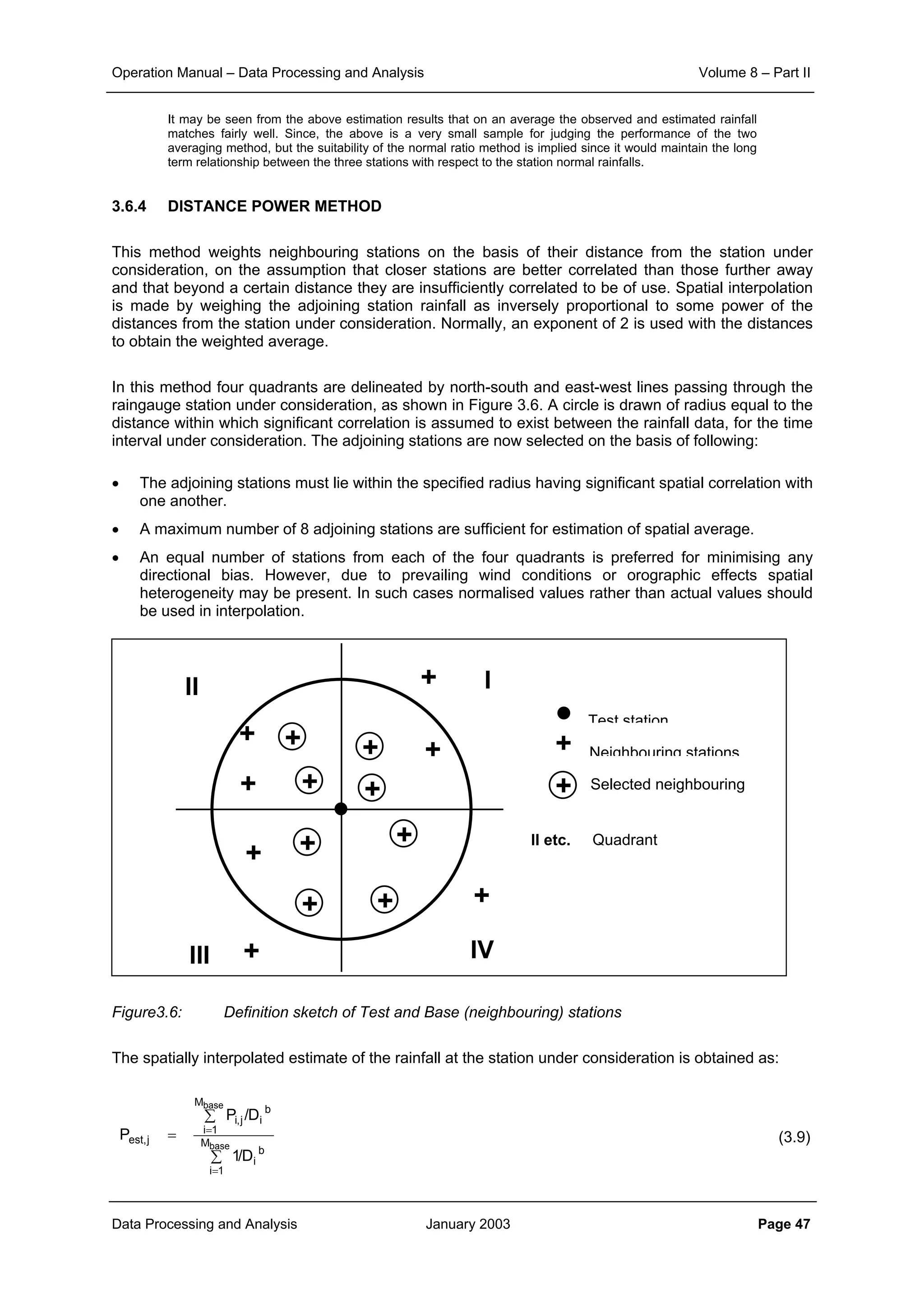 Operation Manual – Data Processing and Analysis Volume 8 – Part II
Data Processing and Analysis January 2003 Page 47
It may be seen from the above estimation results that on an average the observed and estimated rainfall
matches fairly well. Since, the above is a very small sample for judging the performance of the two
averaging method, but the suitability of the normal ratio method is implied since it would maintain the long
term relationship between the three stations with respect to the station normal rainfalls.
3.6.4 DISTANCE POWER METHOD
This method weights neighbouring stations on the basis of their distance from the station under
consideration, on the assumption that closer stations are better correlated than those further away
and that beyond a certain distance they are insufficiently correlated to be of use. Spatial interpolation
is made by weighing the adjoining station rainfall as inversely proportional to some power of the
distances from the station under consideration. Normally, an exponent of 2 is used with the distances
to obtain the weighted average.
In this method four quadrants are delineated by north-south and east-west lines passing through the
raingauge station under consideration, as shown in Figure 3.6. A circle is drawn of radius equal to the
distance within which significant correlation is assumed to exist between the rainfall data, for the time
interval under consideration. The adjoining stations are now selected on the basis of following:
• The adjoining stations must lie within the specified radius having significant spatial correlation with
one another.
• A maximum number of 8 adjoining stations are sufficient for estimation of spatial average.
• An equal number of stations from each of the four quadrants is preferred for minimising any
directional bias. However, due to prevailing wind conditions or orographic effects spatial
heterogeneity may be present. In such cases normalised values rather than actual values should
be used in interpolation.
Figure3.6: Definition sketch of Test and Base (neighbouring) stations
The spatially interpolated estimate of the rainfall at the station under consideration is obtained as:
(3.9)
+
+
+
+
+
++
+
+
+
+
+
+
+
+ III
III IV
+
+
Neighbouring stations
Test station
Selected neighbouring
II etc. Quadrant
∑
∑
=
=
=
base
base
M
1i
b
i
b
i
M
1i
j,i
j,est
D/1
D/P
P
 