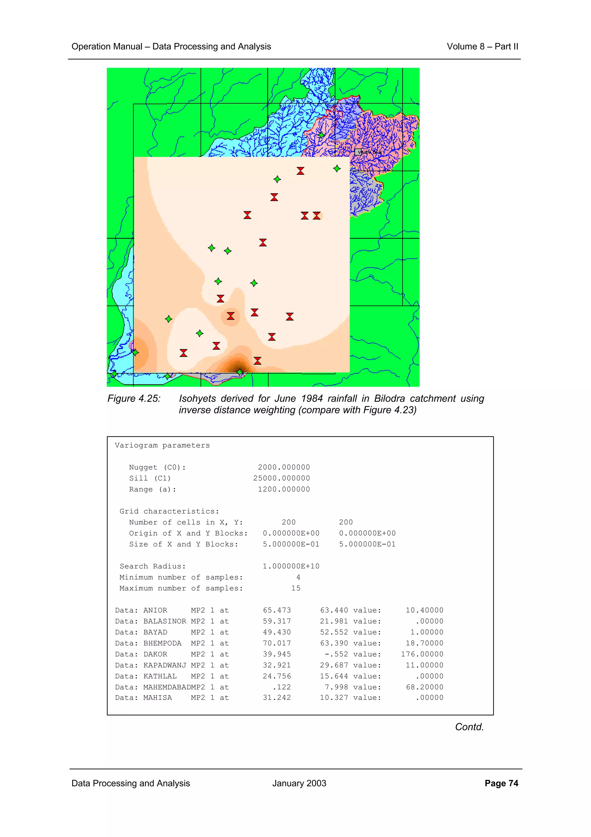 Operation Manual – Data Processing and Analysis Volume 8 – Part II
Data Processing and Analysis January 2003 Page 74
Figure 4.25: Isohyets derived for June 1984 rainfall in Bilodra catchment using
inverse distance weighting (compare with Figure 4.23)
Contd.
Variogram parameters
Nugget (C0): 2000.000000
Sill (C1) 25000.000000
Range (a): 1200.000000
Grid characteristics:
Number of cells in X, Y: 200 200
Origin of X and Y Blocks: 0.000000E+00 0.000000E+00
Size of X and Y Blocks: 5.000000E-01 5.000000E-01
Search Radius: 1.000000E+10
Minimum number of samples: 4
Maximum number of samples: 15
Data: ANIOR MP2 1 at 65.473 63.440 value: 10.40000
Data: BALASINOR MP2 1 at 59.317 21.981 value: .00000
Data: BAYAD MP2 1 at 49.430 52.552 value: 1.00000
Data: BHEMPODA MP2 1 at 70.017 63.390 value: 18.70000
Data: DAKOR MP2 1 at 39.945 -.552 value: 176.00000
Data: KAPADWANJ MP2 1 at 32.921 29.687 value: 11.00000
Data: KATHLAL MP2 1 at 24.756 15.644 value: .00000
Data: MAHEMDABADMP2 1 at .122 7.998 value: 68.20000
Data: MAHISA MP2 1 at 31.242 10.327 value: .00000
 