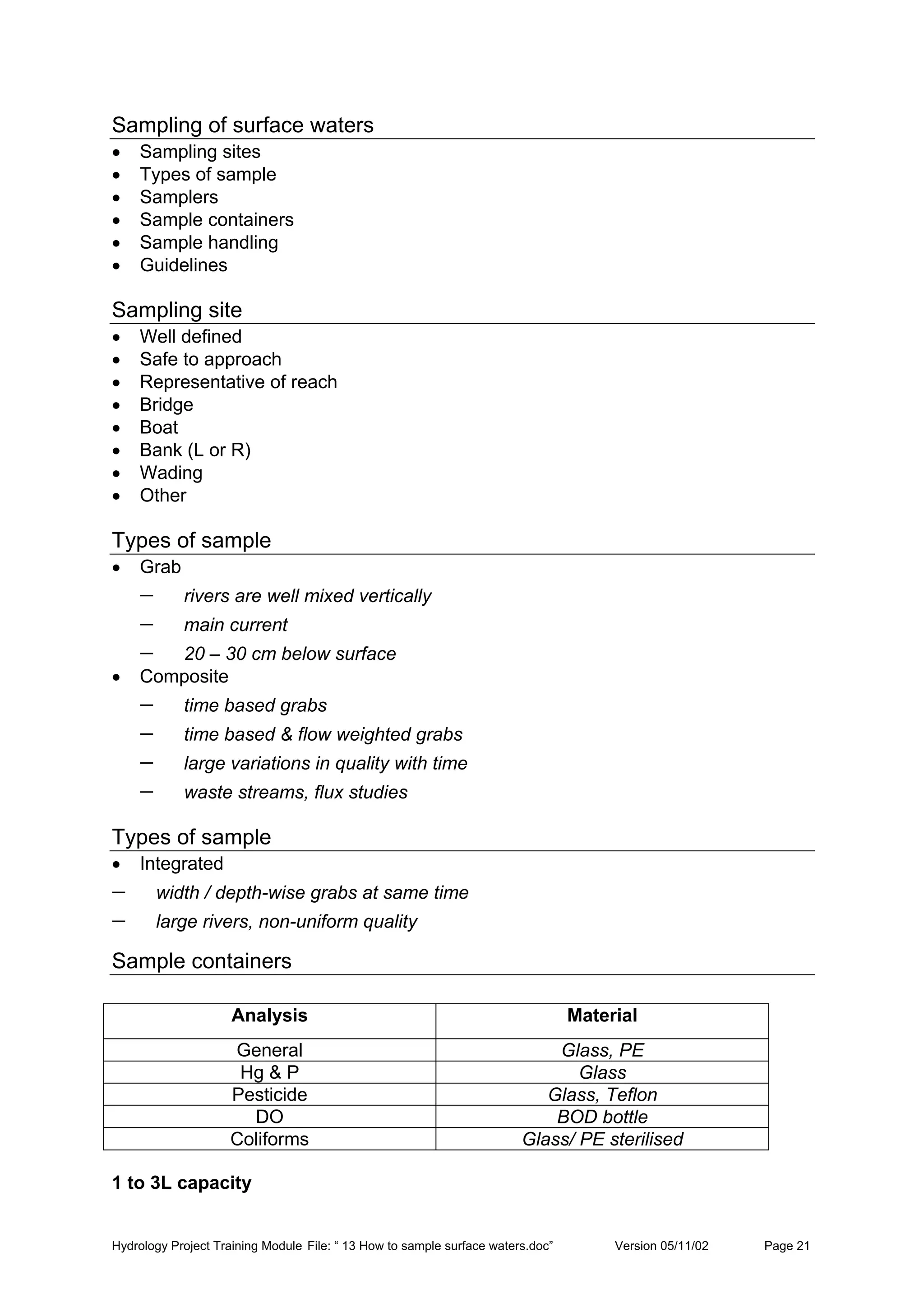 Hydrology Project Training Module File: “ 13 How to sample surface waters.doc” Version 05/11/02 Page 21
Sampling of surface waters
• Sampling sites
• Types of sample
• Samplers
• Sample containers
• Sample handling
• Guidelines
Sampling site
• Well defined
• Safe to approach
• Representative of reach
• Bridge
• Boat
• Bank (L or R)
• Wading
• Other
Types of sample
• Grab
− rivers are well mixed vertically
− main current
− 20 – 30 cm below surface
• Composite
− time based grabs
− time based & flow weighted grabs
− large variations in quality with time
− waste streams, flux studies
Types of sample
• Integrated
− width / depth-wise grabs at same time
− large rivers, non-uniform quality
Sample containers
Analysis Material
General Glass, PE
Hg & P Glass
Pesticide Glass, Teflon
DO BOD bottle
Coliforms Glass/ PE sterilised
1 to 3L capacity
 