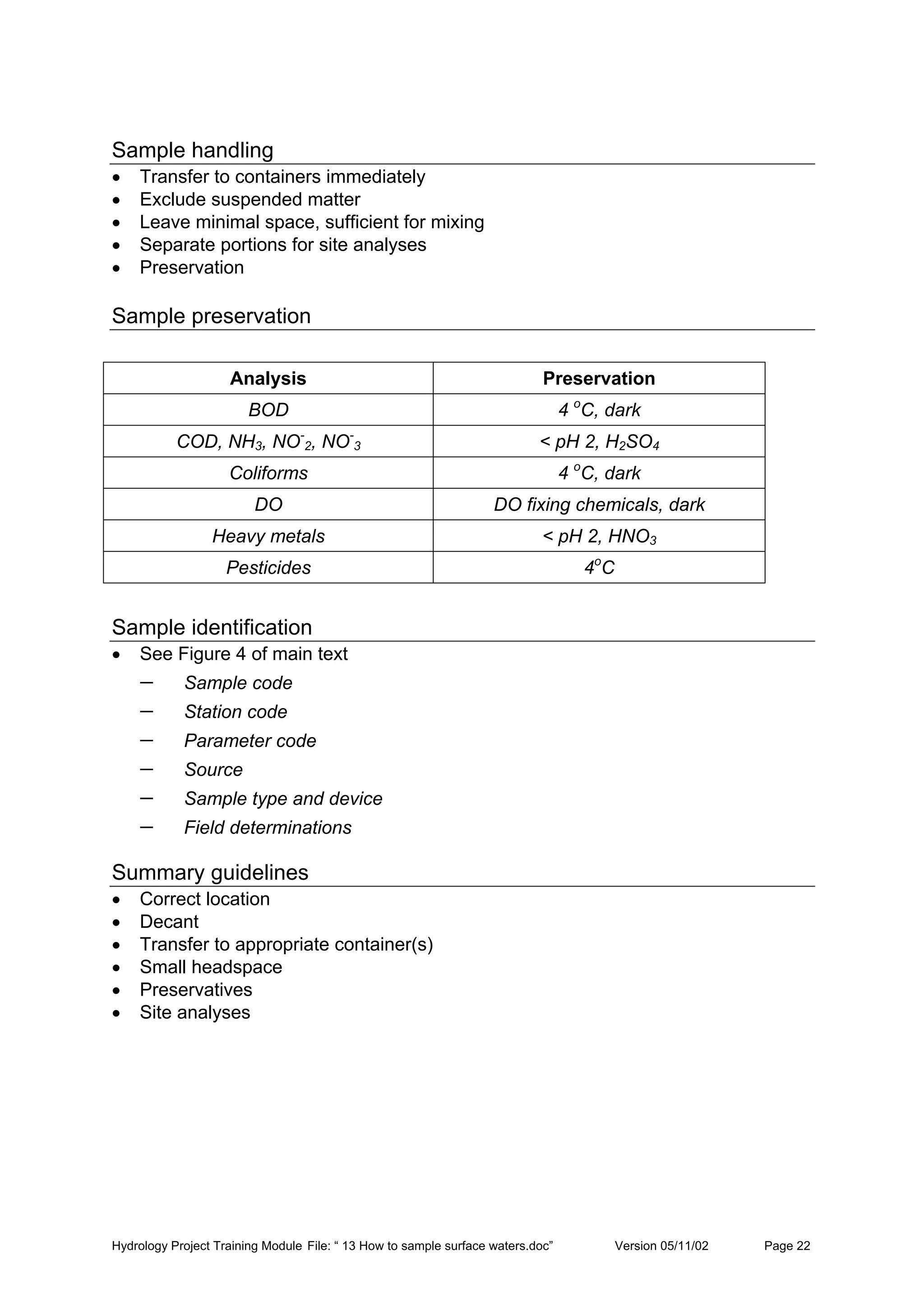 Hydrology Project Training Module File: “ 13 How to sample surface waters.doc” Version 05/11/02 Page 22
Sample handling
• Transfer to containers immediately
• Exclude suspended matter
• Leave minimal space, sufficient for mixing
• Separate portions for site analyses
• Preservation
Sample preservation
Analysis Preservation
BOD 4 o
C, dark
COD, NH3, NO-
2, NO-
3 < pH 2, H2SO4
Coliforms 4 o
C, dark
DO DO fixing chemicals, dark
Heavy metals < pH 2, HNO3
Pesticides 4o
C
Sample identification
• See Figure 4 of main text
− Sample code
− Station code
− Parameter code
− Source
− Sample type and device
− Field determinations
Summary guidelines
• Correct location
• Decant
• Transfer to appropriate container(s)
• Small headspace
• Preservatives
• Site analyses
 