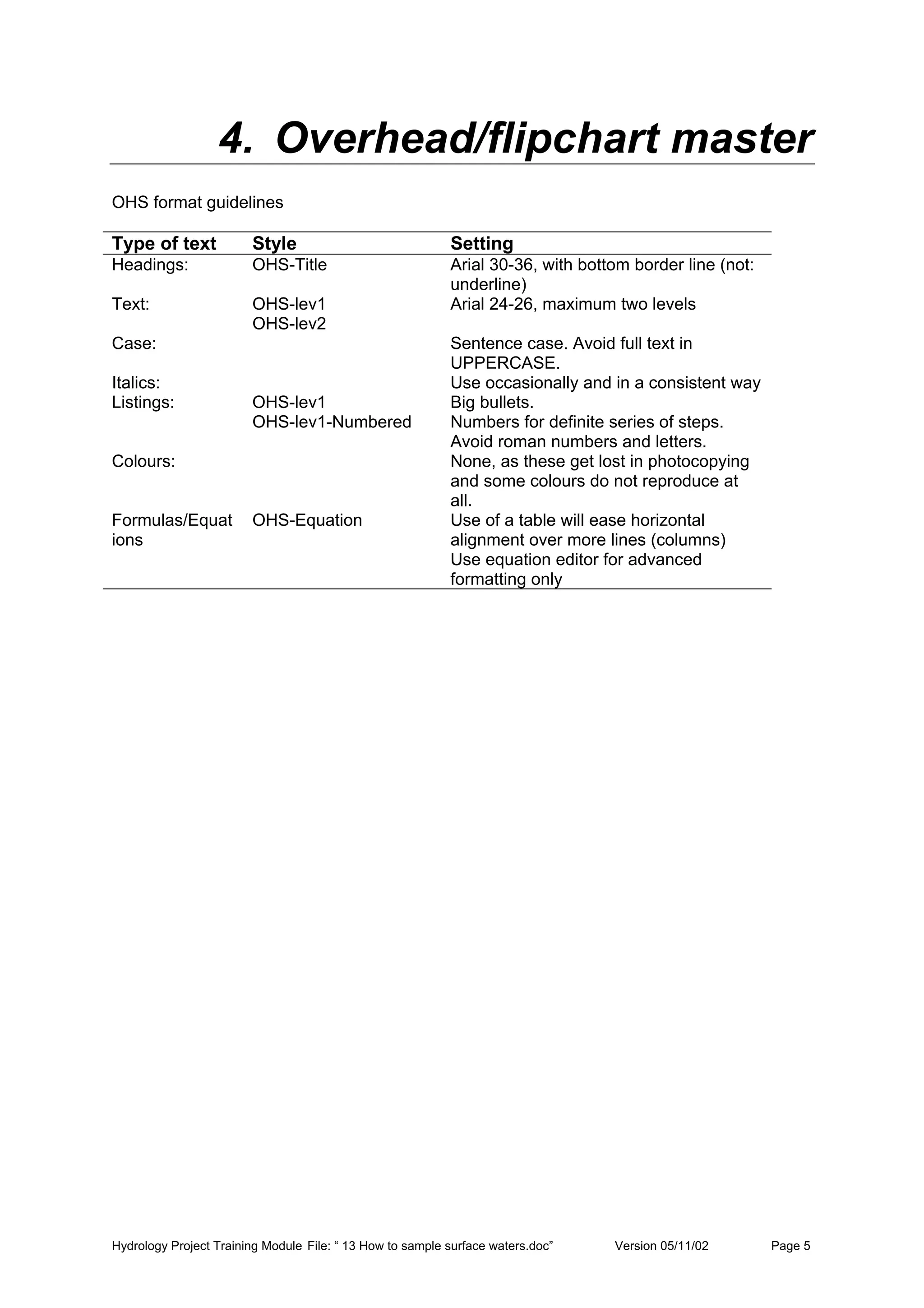 Hydrology Project Training Module File: “ 13 How to sample surface waters.doc” Version 05/11/02 Page 5
4. Overhead/flipchart master
OHS format guidelines
Type of text Style Setting
Headings: OHS-Title Arial 30-36, with bottom border line (not:
underline)
Text: OHS-lev1
OHS-lev2
Arial 24-26, maximum two levels
Case: Sentence case. Avoid full text in
UPPERCASE.
Italics: Use occasionally and in a consistent way
Listings: OHS-lev1
OHS-lev1-Numbered
Big bullets.
Numbers for definite series of steps.
Avoid roman numbers and letters.
Colours: None, as these get lost in photocopying
and some colours do not reproduce at
all.
Formulas/Equat
ions
OHS-Equation Use of a table will ease horizontal
alignment over more lines (columns)
Use equation editor for advanced
formatting only
 