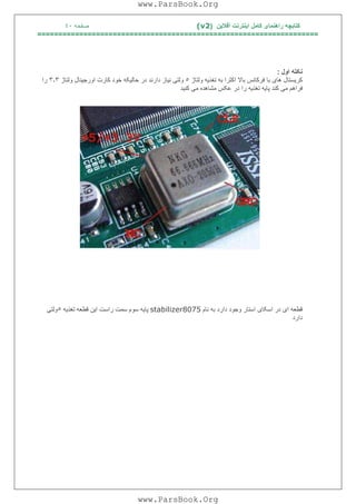 ‫آﻓﻼﯾﻦ‬ ‫اﯾﻨﺘﺮﻧﺖ‬ ‫ﮐﺎﻣﻞ‬ ‫راھﻨﻤﺎی‬ ‫ﮐﺘﺎﺑﭽﮫ‬)(v2‫ﺻﻔﺤﮫ‬٤٠
===================================================================
‫ﻧﮑﺘﮫ‬‫اول‬:
‫ﮐﺮ‬‫ﯾ‬‫ﺴﺘﺎل‬‫ھﺎ‬‫ی‬‫ﺗﻐﺬ‬ ‫ﺑﮫ‬ ‫اﮐﺜﺮا‬ ‫ﺑﺎﻻ‬ ‫ﻓﺮﮐﺎﻧﺲ‬ ‫ﺑﺎ‬‫ﯾ‬‫ﮫ‬‫وﻟﺘﺎژ‬٥‫وﻟﺘ‬‫ﯽ‬‫ﻧ‬‫ﯿ‬‫ﺎز‬‫ﺣﺎﻟ‬ ‫در‬ ‫دارﻧﺪ‬‫ﯿ‬‫ﮑﮫ‬‫ﺧﻮ‬‫اورﺟ‬ ‫ﮐﺎرت‬ ‫د‬‫ﯿ‬‫ﻨﺎل‬‫وﻟﺘﺎژ‬٣٫٣‫را‬
‫ﻣ‬ ‫ﻓﺮاھﻢ‬‫ﯽ‬‫ﭘﺎ‬ ‫ﮐﻨﺪ‬‫ﯾ‬‫ﮫ‬‫ﺗﻐﺬ‬‫ﯾ‬‫ﮫ‬‫ﻣ‬ ‫ﻣﺸﺎھﺪه‬ ‫ﻋﮑﺲ‬ ‫در‬ ‫را‬‫ﯽ‬‫ﮐﻨ‬‫ﯿ‬‫ﺪ‬
‫ﻗﻄﻌ‬‫ﮫ‬‫ا‬‫ی‬‫اﺳﮑﺎ‬ ‫در‬‫ی‬‫ﻧﺎم‬ ‫ﺑﮫ‬ ‫دارد‬ ‫وﺟﻮد‬ ‫اﺳﺘﺎر‬stabilizer8075‫ﭘﺎ‬‫ﯾ‬‫ﮫ‬‫ا‬ ‫راﺳﺖ‬ ‫ﺳﻤﺖ‬ ‫ﺳﻮم‬‫ﯾ‬‫ﻦ‬‫ﺗﻐﺬ‬ ‫ﻗﻄﻌﮫ‬‫ﯾ‬‫ﮫ‬٥‫وﻟﺘ‬‫ﯽ‬
‫دارد‬
www.ParsBook.Org
www.ParsBook.Org
 