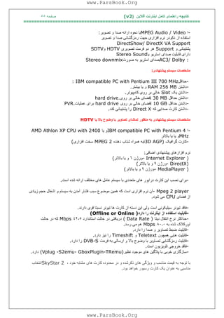 ‫آﻓﻼﯾﻦ‬ ‫اﯾﻨﺘﺮﻧﺖ‬ ‫ﮐﺎﻣﻞ‬ ‫راھﻨﻤﺎی‬ ‫ﮐﺘﺎﺑﭽﮫ‬)(v2‫ﺻﻔﺤﮫ‬٥٥
===================================================================
-‫ا‬MPEG Audio / Video‫ﺗﺼﻮﯾﺮ‬ ‫و‬ ‫ﺻﺪا‬ ‫اراﺋﮫ‬ ‫ﻧﺤﻮه‬ ‫ﯾﺎ‬:
‫ﺗﺼﻮﯾﺮ‬ ‫و‬ ‫ﺻﺪا‬ ‫رﻣﺰﮔﺸﺎﺋﯽ‬ ‫ﺟﮭﺖ‬ ‫اﻓﺰاری‬ ‫ﻧﺮم‬ ‫دﮐﻮدر‬ ‫از‬ ‫اﺳﺘﻔﺎده‬
DirectShow/ DirectX VA Support
‫و‬ ‫ﭘﺸﺘﯿﺒﺎﻧﯽ‬Support‫ﺗﺼﻮﯾﺮی‬ ‫ﻓﺮﻣﺖ‬ ‫دو‬ ‫ھﺮ‬HDTV‫و‬SDTV
‫ﻗﺎﺑ‬ ‫دارای‬‫ﯾﺎ‬ ‫اﺳﺘﺮﯾﻮ‬ ‫ﺻﺪای‬ ‫ﻠﯿﺖ‬Stereo Sound
AC3/ Dolby :‫ﺻﻮرت‬ ‫ﺑﮫ‬ ‫اﺳﺘﺮﯾﻮ‬ ‫ﺻﺪای‬Stereo downmix
‫ﭘﯿﺸﻨﮭﺎدی‬ ‫ﺳﯿﺴﺘﻢ‬ ‫ﻣﺸﺨﺼﺎت‬:
-‫ﺣﺪاﻗﻞ‬: IBM compatible PC with Pentium III 700 MHz
-‫داﺷﺘﻦ‬RAM 256 MB‫ﺑﯿﺸﺘﺮ‬ ‫ﯾﺎ‬ ‫و‬.
-‫ﯾﮏ‬ ‫داﺷﺘﻦ‬Slot‫ﮐﺎﻣﭙﯿﻮﺗﺮ‬ ‫روی‬ ‫ﺑﺮ‬ ‫ﺧﺎﻟﯽ‬.
-‫ﺣﺪاﻗﻞ‬ ‫داﺷﺘﻦ‬i 30 MB‫ﺧﺎ‬ ‫ﻓﻀﺎی‬‫روی‬ ‫ﺑﺮ‬ ‫ﻟﯽ‬hard drive.
-‫ﺣﺪاﻗﻞ‬ ‫داﺷﺘﻦ‬i 10 GB‫روی‬ ‫ﺑﺮ‬ ‫ﺧﺎﻟﯽ‬ ‫ﻓﻀﺎی‬hard drive‫ﻋﻤﻠﯿﺎت‬ ‫ﺑﺮای‬PVR.
-‫ﮐﮫ‬ ‫ﺻﺪاﯾﯽ‬ ‫ﮐﺎرت‬ ‫داﺷﺘﻦ‬Direct X‫ﮐﻨﺪ‬ ‫ﭘﺸﺘﯿﺒﺎﻧﯽ‬ ‫را‬.
‫ﯾﺎ‬ ‫ﺑﺎﻻ‬ ‫وﺿﻮح‬ ‫ﺑﺎ‬ ‫ﺗﺼﺎوﯾﺮ‬ ‫ﺗﻤﺎﺷﺎی‬ ‫ﻣﻨﻈﻮر‬ ‫ﺑﮫ‬ ‫ﭘﯿﺸﻨﮭﺎدی‬ ‫ﺳﯿﺴﺘﻢ‬ ‫ﻣﺸﺨﺼﺎت‬HDTV
-‫ا‬IBM compatible PC with Pentium 4‫ﯾﺎ‬ ‫و‬AMD Athlon XP CPU with 2400
MHz‫ﺑﺎﻻﺗﺮ‬ ‫ﯾﺎ‬ ‫ﯾﺎ‬ ‫و‬
-‫ﮔﺮاﻓﯿﮏ‬ ‫ﮐﺎرت‬i3D AGP)‫دھﻨﺪه‬ ‫ﺷﺘﺎب‬ ‫ھﻤﺮاه‬ ‫ﺑﮫ‬MPEG 2‫اﻓﺰاری‬ ‫ﺳﺨﺖ‬(
‫اﺿﺎﻓﯽ‬ ‫ﭘﯿﺸﻨﮭﺎدی‬ ‫اﻓﺰارھﺎی‬ ‫ﻧﺮم‬:
- Internet Explorer )‫ورژن‬٦‫ﺑﺎﻻﺗﺮ‬ ‫ﯾﺎ‬ ‫و‬(
- DirectX)‫ورژن‬٩‫ﺑﺎﻻﺗﺮ‬ ‫ﯾﺎ‬ ‫و‬(
- MediaPlayer )‫ورژن‬٩‫ﺑﺎﻻﺗﺮ‬ ‫ﯾﺎ‬ ‫و‬(
-‫اﯾﻦ‬ ‫ﻧﺼﺐ‬ ‫ﺑﺮای‬‫اﺳﺖ‬ ‫ﺷﺪه‬ ‫اراﺋﮫ‬ ‫ﻣﺨﺘﻠﻒ‬ ‫ھﺎی‬ ‫ﻋﺎﻣﻞ‬ ‫ﺳﯿﺴﺘﻢ‬ ‫ﺑﺎ‬ ‫ﻣﺘﻌﺪدی‬ ‫ھﺎی‬ ‫دراﯾﻮر‬ ‫ﮐﺎرت‬.
- Mpeg 2 player‫زﯾﺎدی‬ ‫ﺣﺠﻢ‬ ‫اﺷﻐﺎل‬ ‫و‬ ‫ﺳﯿﺴﺘﻢ‬ ‫ﺑﮫ‬ ‫آﻣﺪن‬ ‫ﻓﺸﺎر‬ ‫ﺳﺒﺐ‬ ‫ﻣﻮﺿﻮع‬ ‫ھﻤﯿﻦ‬ ‫ﮐﮫ‬ ‫اﺳﺖ‬ ‫اﻓﺰاری‬ ‫ﻧﺮم‬ ‫آن‬
‫ﻓﻀﺎی‬ ‫از‬CPU‫ﺷﻮد‬ ‫ﻣﯽ‬.
-‫دارﻧﺪ‬ ‫ﻗﻮی‬ ‫ﻧﺴﺒﺘﺎ‬ ‫ﺗﯿﻮﻧﺮ‬ ‫ھﺎ‬ ‫ﮐﺎرت‬ ‫از‬ ‫دﺳﺘﮫ‬ ‫اﯾﻦ‬ ‫وﻟﯽ‬ ‫اﺳﺖ‬ ‫ﺳﯿﻠﯿﮑﻮﻧﯽ‬ ‫ﺗﯿﻮﻧﺮ‬ ‫ﻓﺎﻗﺪ‬.
-‫ﻗﺎﺑﻠ‬‫دارد‬ ‫را‬ ‫اﯾﻨﺘﺮﻧﺖ‬ ‫از‬ ‫اﺳﺘﻔﺎده‬ ‫ﯿﺖ‬(Offline or Online )
-‫دﯾﺘﺎ‬ ‫اﻧﺘﻘﺎل‬ ‫ﻧﺮخ‬ ‫ﺣﺪاﮐﺜﺮ‬( Data Rate )‫اﺳﺘﺎﻧﺪارد‬ ‫ﺣﺎﻟﺖ‬ ‫در‬ ‫درﯾﺎﻓﺘﯽ‬٤٢،٥Mbps‫ﺣﺎﻟﺖ‬ ‫در‬ ‫ﮐﮫ‬
‫ﺑﮫ‬ ‫ﺷﺪه‬ ‫اورﮐﻼک‬٨٠٫٠Mbps‫رﺳﺪ‬ ‫ﻣﯽ‬ ‫ھﻢ‬.
-‫دارد‬ ‫را‬ ‫ﺻﺪا‬ ‫و‬ ‫ﺗﺼﺎوﯾﺮ‬ ‫ﺿﺒﻂ‬ ‫ﻗﺎﺑﻠﯿﺖ‬.
-‫ھﻤﭽﻮن‬ ‫ھﺎﯾﯽ‬ ‫ﻗﺎﺑﻠﯿﺖ‬Teletext‫و‬Timeshift‫ﻧﯿ‬ ‫را‬‫دارد‬ ‫ﺰ‬.
-‫ﻓﺮﻣﺖ‬ ‫ﺑﮫ‬ ‫ارﺳﺎﻟﯽ‬ ‫و‬ ‫ﺑﺎﻻ‬ ‫وﺿﻮح‬ ‫ﺑﺎ‬ ‫ﺗﺼﺎوﯾﺮ‬ ‫رﻣﺰﮔﺸﺎﯾﯽ‬ ‫ﻗﺎﺑﻠﯿﺖ‬DVB-S‫دارد‬ ‫را‬.
-‫اﺳﺖ‬ ‫ﺗﻠﻮﯾﺰﯾﻮن‬ ‫ﺧﺮوﺟﯽ‬ ‫ﻓﺎﻗﺪ‬.
-‫ﻧﻈﯿﺮ‬ ‫ﻣﻮﺟﻮد‬ ‫ھﺎی‬ ‫ﭘﻼﮔﯿﻦ‬ ‫ﺑﺎ‬ ‫ﺧﻮﺑﯽ‬ ‫ﺳﺎزﮔﺎری‬(Vplug -S2emu- GboxPlugin-TRemu)‫دارد‬.
‫ھﺎی‬ ‫ﮐﺎرت‬ ‫ﻣﺤﺪوده‬ ‫در‬ ‫و‬ ‫ذﮐﺮﺷﺪه‬ ‫ھﺎی‬ ‫وﯾﮋﮔﯽ‬ ‫و‬ ‫ﻣﻨﺎﺳﺐ‬ ‫ﻗﯿﻤﺖ‬ ‫ﺑﮫ‬ ‫ﺗﻮﺟﮫ‬ ‫ﺑﺎ‬‫ﻣﺸﺎﺑﮫ‬، ‫ﺧﻮد‬SkyStar 2‫اﻧﺘﺨﺎب‬
‫ﺑﻮد‬ ‫ﺧﻮاھﺪ‬ ‫رﺳﯿﻮر‬ ‫ﮐﺎرت‬ ‫ﯾﮏ‬ ‫ﻋﻨﻮان‬ ‫ﺑﮫ‬ ‫ﻣﻨﺎﺳﺒﯽ‬.
www.ParsBook.Org
www.ParsBook.Org
 