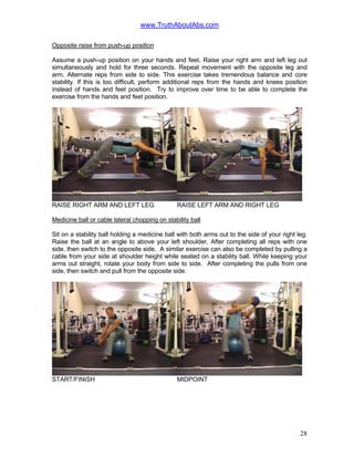 www.TruthAboutAbs.com
Opposite raise from push-up position
Assume a push-up position on your hands and feet. Raise your right arm and left leg out
simultaneously and hold for three seconds. Repeat movement with the opposite leg and
arm. Alternate reps from side to side. This exercise takes tremendous balance and core
stability. If this is too difficult, perform additional reps from the hands and knees position
instead of hands and feet position. Try to improve over time to be able to complete the
exercise from the hands and feet position.
RAISE RIGHT ARM AND LEFT LEG RAISE LEFT ARM AND RIGHT LEG
Medicine ball or cable lateral chopping on stability ball
Sit on a stability ball holding a medicine ball with both arms out to the side of your right leg.
Raise the ball at an angle to above your left shoulder. After completing all reps with one
side, then switch to the opposite side. A similar exercise can also be completed by pulling a
cable from your side at shoulder height while seated on a stability ball. While keeping your
arms out straight, rotate your body from side to side. After completing the pulls from one
side, then switch and pull from the opposite side.
START/FINISH MIDPOINT
28
 