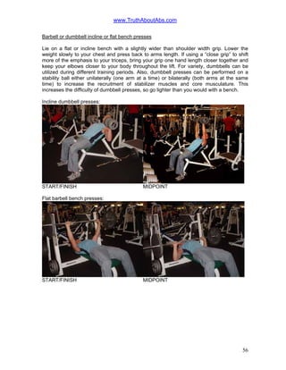 www.TruthAboutAbs.com
Barbell or dumbbell incline or flat bench presses
Lie on a flat or incline bench with a slightly wider than shoulder width grip. Lower the
weight slowly to your chest and press back to arms length. If using a “close grip” to shift
more of the emphasis to your triceps, bring your grip one hand length closer together and
keep your elbows closer to your body throughout the lift. For variety, dumbbells can be
utilized during different training periods. Also, dumbbell presses can be performed on a
stability ball either unilaterally (one arm at a time) or bilaterally (both arms at the same
time) to increase the recruitment of stabilizer muscles and core musculature. This
increases the difficulty of dumbbell presses, so go lighter than you would with a bench.
Incline dumbbell presses:
START/FINISH MIDPOINT
Flat barbell bench presses:
START/FINISH MIDPOINT
56
 