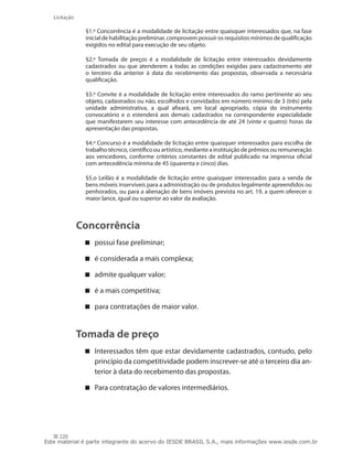 220
Licitação
§1.º Concorrência é a modalidade de licitação entre quaisquer interessados que, na fase
inicial de habilitação preliminar, comprovem possuir os requisitos mínimos de qualificação
exigidos no edital para execução de seu objeto.
§2.º  Tomada de preços é a modalidade de licitação entre interessados devidamente
cadastrados ou que atenderem a todas as condições exigidas para cadastramento até
o terceiro dia anterior à data do recebimento das propostas, observada a necessária
qualificação.
§3.º Convite é a modalidade de licitação entre interessados do ramo pertinente ao seu
objeto, cadastrados ou não, escolhidos e convidados em número mínimo de 3 (três) pela
unidade administrativa, a qual afixará, em local apropriado, cópia do instrumento
convocatório e o estenderá aos demais cadastrados na correspondente especialidade
que manifestarem seu interesse com antecedência de até 24 (vinte e quatro) horas da
apresentação das propostas.
§4.º Concurso é a modalidade de licitação entre quaisquer interessados para escolha de
trabalho técnico, científico ou artístico, mediante a instituição de prêmios ou remuneração
aos vencedores, conforme critérios constantes de edital publicado na imprensa oficial
com antecedência mínima de 45 (quarenta e cinco) dias.
§5.o Leilão é a modalidade de licitação entre quaisquer interessados para a venda de
bens móveis inservíveis para a administração ou de produtos legalmente apreendidos ou
penhorados, ou para a alienação de bens imóveis prevista no art. 19, a quem oferecer o
maior lance, igual ou superior ao valor da avaliação.
Concorrência
possui fase preliminar;
é considerada a mais complexa;
admite qualquer valor;
é a mais competitiva;
para contratações de maior valor.
Tomada de preço
Interessados têm que estar devidamente cadastrados, contudo, pelo
princípio da competitividade podem inscrever-se até o terceiro dia an-
terior à data do recebimento das propostas.
Para contratação de valores intermediários.
Este material é parte integrante do acervo do IESDE BRASIL S.A., mais informações www.iesde.com.br
 