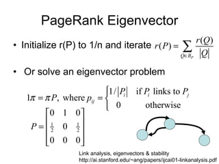 PageRank Eigenvector Initialize r(P) to 1/n and iterate Or solve an eigenvector problem Link analysis, eigenvectors & stability http://ai.stanford.edu/~ang/papers/ijcai01-linkanalysis.pdf 