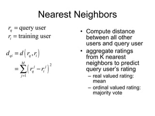 Nearest Neighbors Compute distance between all other users and query user aggregate ratings from K nearest neighbors to predict query user’s rating real valued rating: mean ordinal valued rating: majority vote  