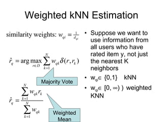 Weighted kNN Estimation Suppose we want to use information from all users who have rated item y, not just the nearest K neighbors w qi   {0,1}    kNN w qi   [0,  )    weighted KNN Majority Vote Weighted Mean 