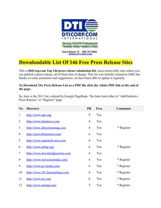 Downloadable List Of 146 Free Press Release Sites
This is DtiCorp.com Top 146 press release submission list, most trustworthy sites where you
can publish a press release, all of them free of charge. This list was initially created in 2008, but
thanks to some comments and suggestions, we have been able to update it regularly.

To Download The Press Release List as a PDF file click the Adobe PDF link at the end of
the page.

So, here is the 2011 list, ordered by Google PageRank. The links lead either to “Add/Submit a
Press Release” or “Register” page.

No. Directory                                           PR      Free             Comments

1     http://www.npr.org/                                 9     Yes

2     http://www.betanews.com                             6     Yes

3     http://www.directionsmag.com                        6     Yes               * Register

4     http://news.thomasnet.com/                          6     Yes

5     http://www.nanotech-now.com                         6     Yes

6     http://www.prlog.org/                               6     Yes               * Register

7     http://www.downloadjunction.com                     6     Yes

8     http://www.newswiretoday.com/                       6     Yes              * Register

9     http://www.pr-inside.com/                           6     Yes              * Register

10    http://www.24-7pressrelease.com                     6     Yes              * Register

11    http://www.pr.com/                                  6     Yes              * Register

12    http://www.prleap.com/                              5     Yes              * Register
 